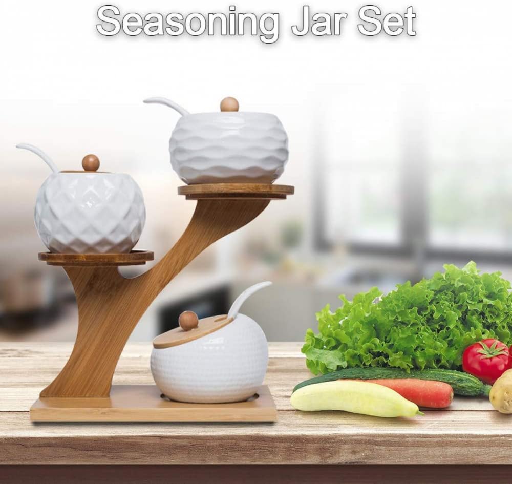 Gewürzdosen, Set mit 3 Gewürzgläsern, Gewürzständer, Keramik-Zuckerdose, Vorratsdose Servierlöffeln und Deckel, 24 x cm