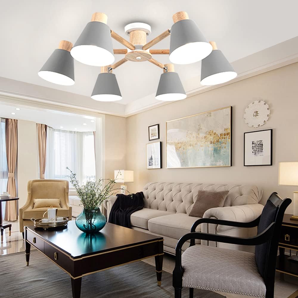 6-Lights Modern Ceiling Pendant Light 32 inch Wooden Recessed Ceiling Lights Flush Mount Chandelier Lighting for Living Room, Bedroom, Foyer, E26 Grey Close to Ceiling Light Fixtures