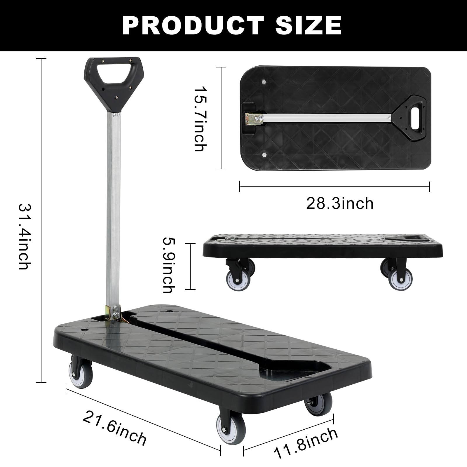 Carretilla de mano plegable, carrito de equipaje resistente de 600 libras, carrito de plataforma utilitaria de 29 x 16 pulgadas con 4 ruedas TPR y 2 cuerdas elásticas para mudanza, compras, uso de