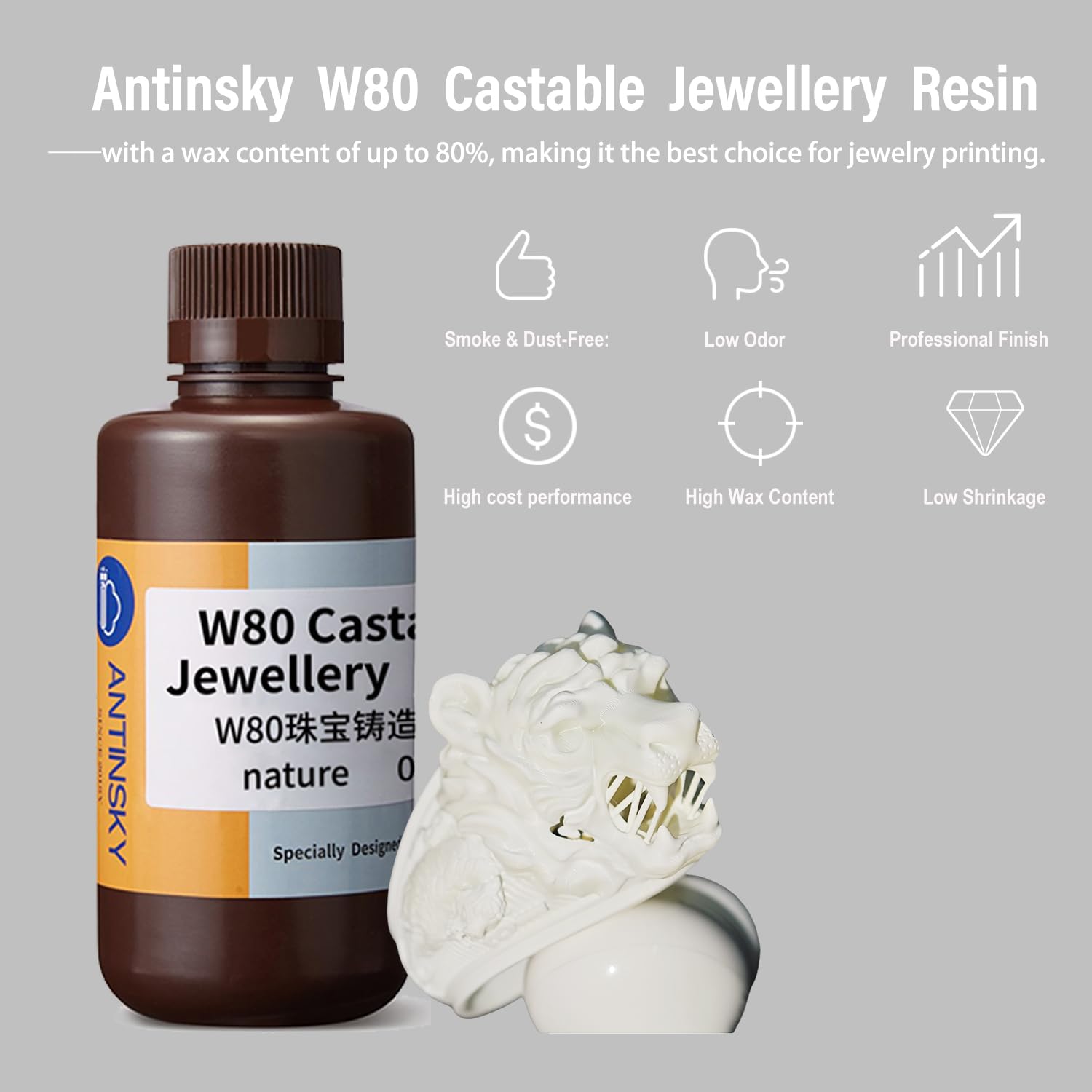 Antinsky W80 Resina calcinabile per gioielli per DLP LCD Stampante 3D in resina UV 405nm Cera elevata 80% Facile da stampare Utilizzare e bruciare Alta risoluzione 0,5 kg