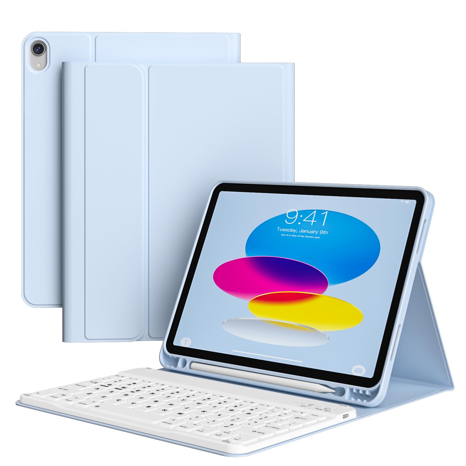 zoyu Hülle mit Tastatur für iPad A16 2025 / iPad 11./10. Generation 2022 10,9 Zoll, Magnetisch Bluetooth-Tastatur mit QWERTZ-Layout, Weiches TPU Stoßfest, Schule/Büro/Geschäft, Hellblau