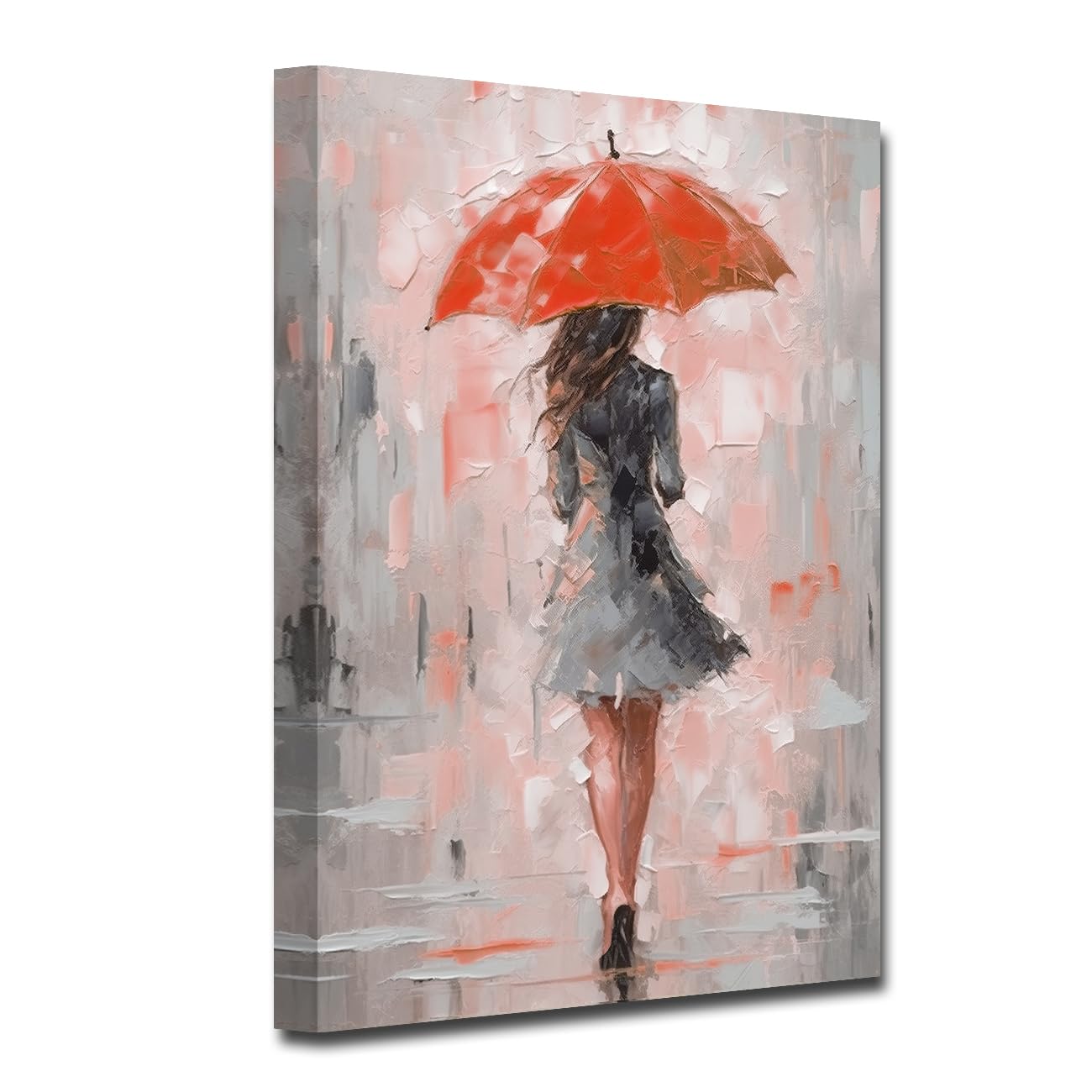 LZIMU Abstract Women Wall Art Fashion Sexy Girl Walking Down the Street with Umbrella Painting Prints Abstract Street Scene Rainy Canvas Framed (Red, 12.00"x18.00")