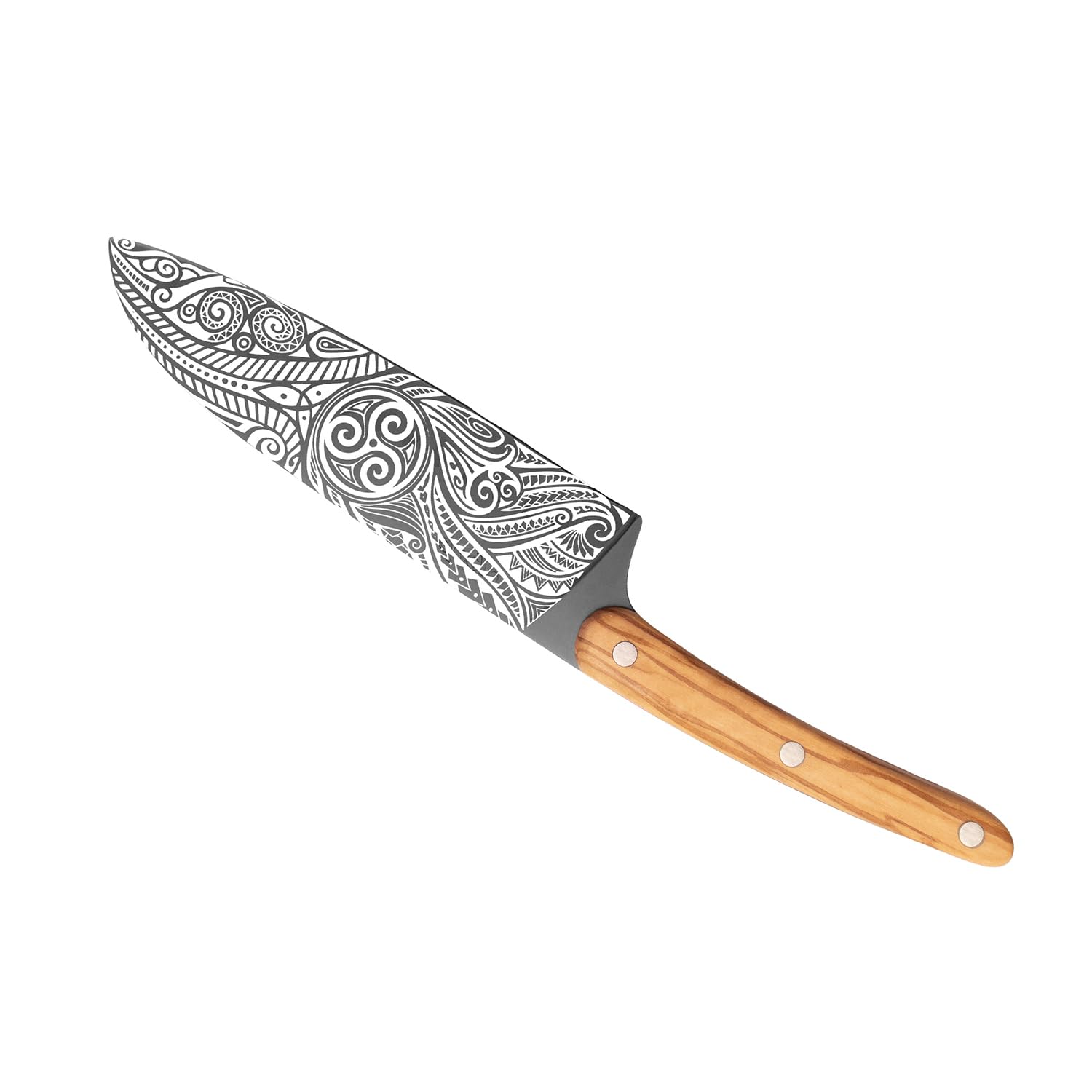 deejo - Couteau Sankai Pleine Soie - Manche en Bois d’Olivier Riveté, Motif Triskell - Lame en Acier Inoxydable X50CRMOV15, Finition Titane Gris Anthracite