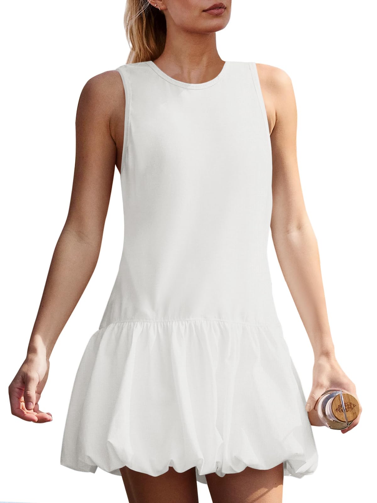 Fisoew Vestiti sportivi da donna con pantaloncini e tasche, schiena scoperta, da tennis, golf, mini abito da allenamento con orlo a bolle