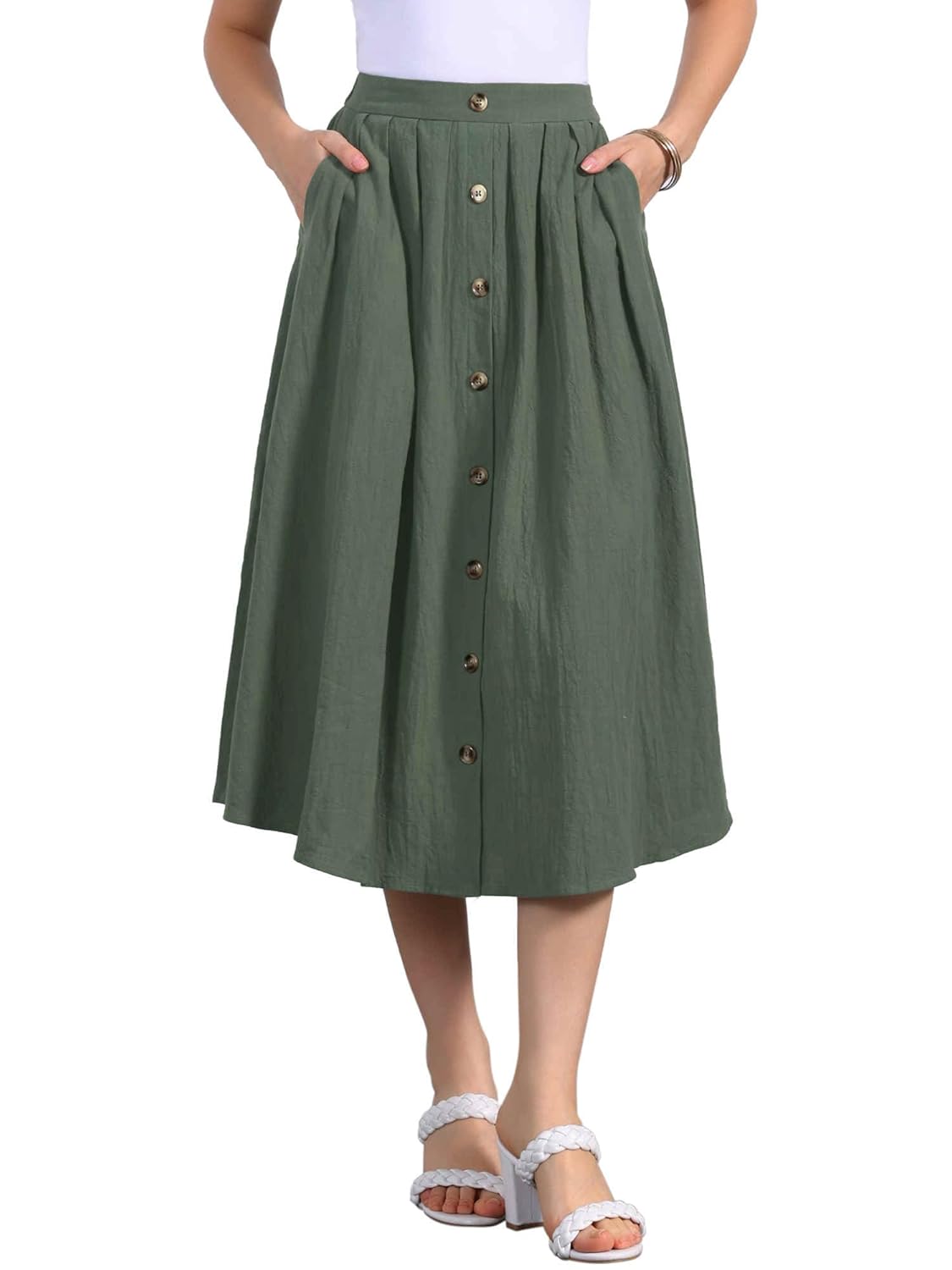 Allegra K Cotton Midi Skirt for Womens Summer Casual Button Decor Elastic Waist A-Line Skirts with Pocket
