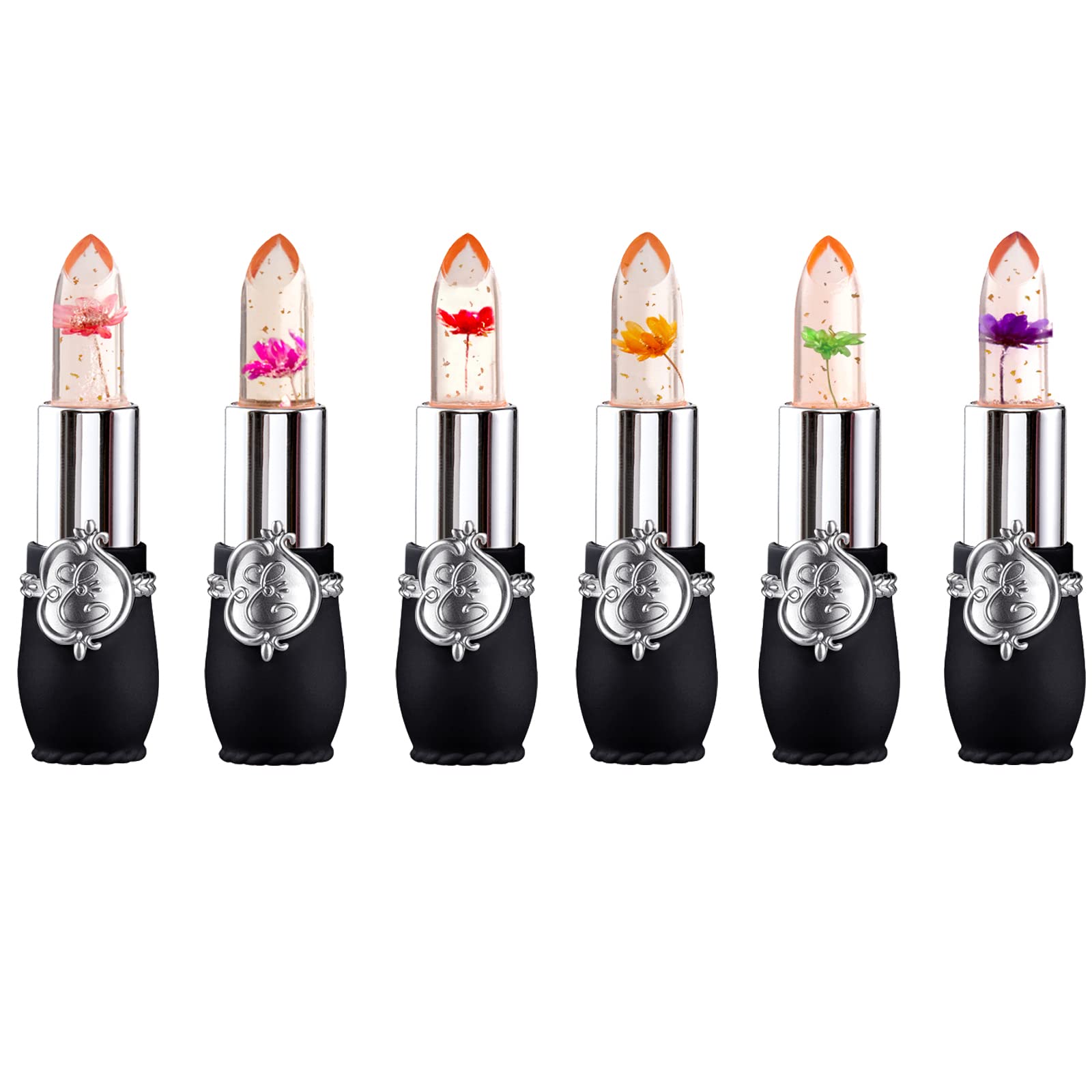 ASUSO Color Changing Lipstick,Crystal Flower Lip Gloss, Color Changing Lip Balm,Waterproof Lips Clear Temperature Lasting Lipstick (Black set of 6)
