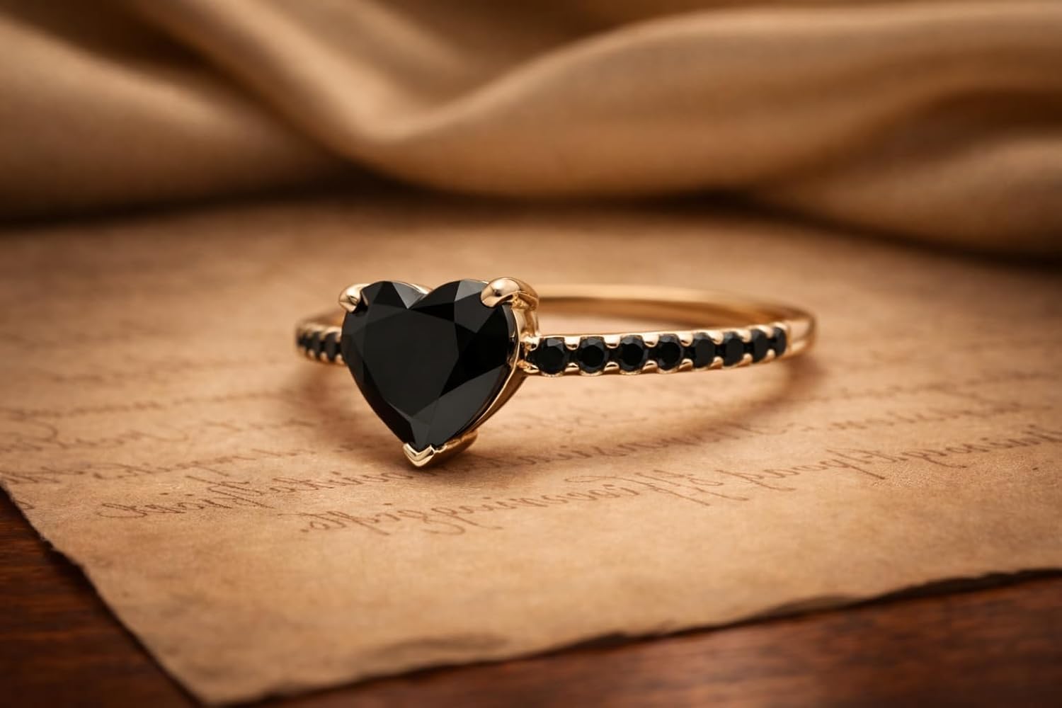Heart Cut Black Onyx Engagement Ring in 14K Yellow Gold Dainty Black Pavé Band Gothic Style Promise Ring Romantic Alternative Jewelry Gift for Women