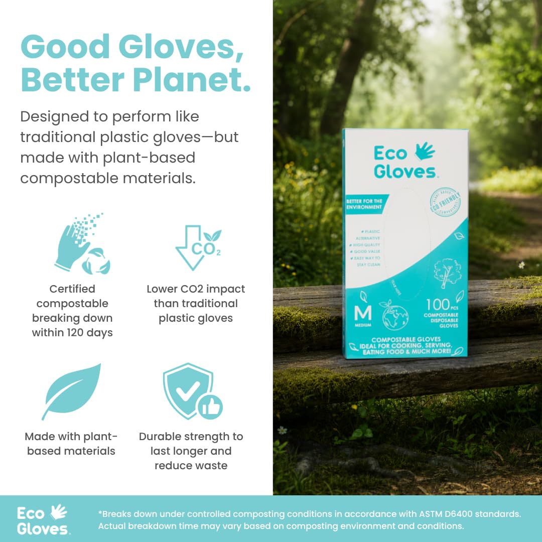 Eco Gloves Guanti compostabili a base vegetale, ecologici, senza lattice, senza polvere, senza BPA, per alimenti, sicurezza, pulizia, cura degli animali domestici, confezione da 100, trasparenti (L)