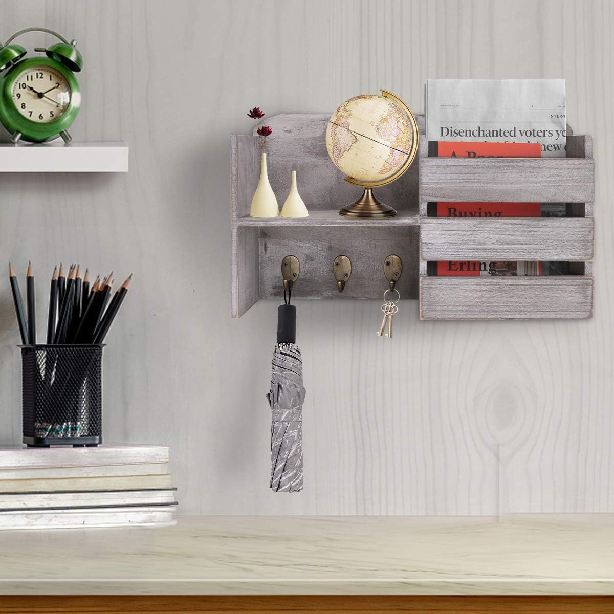 Honest Torched Wood Rustic Wall Mounted Key & Mail Holder,Organizer with 3 Key Hooks Shelf for Entryway or Mud Room Holds Documents, Bills, Letters, Keys(Grey)