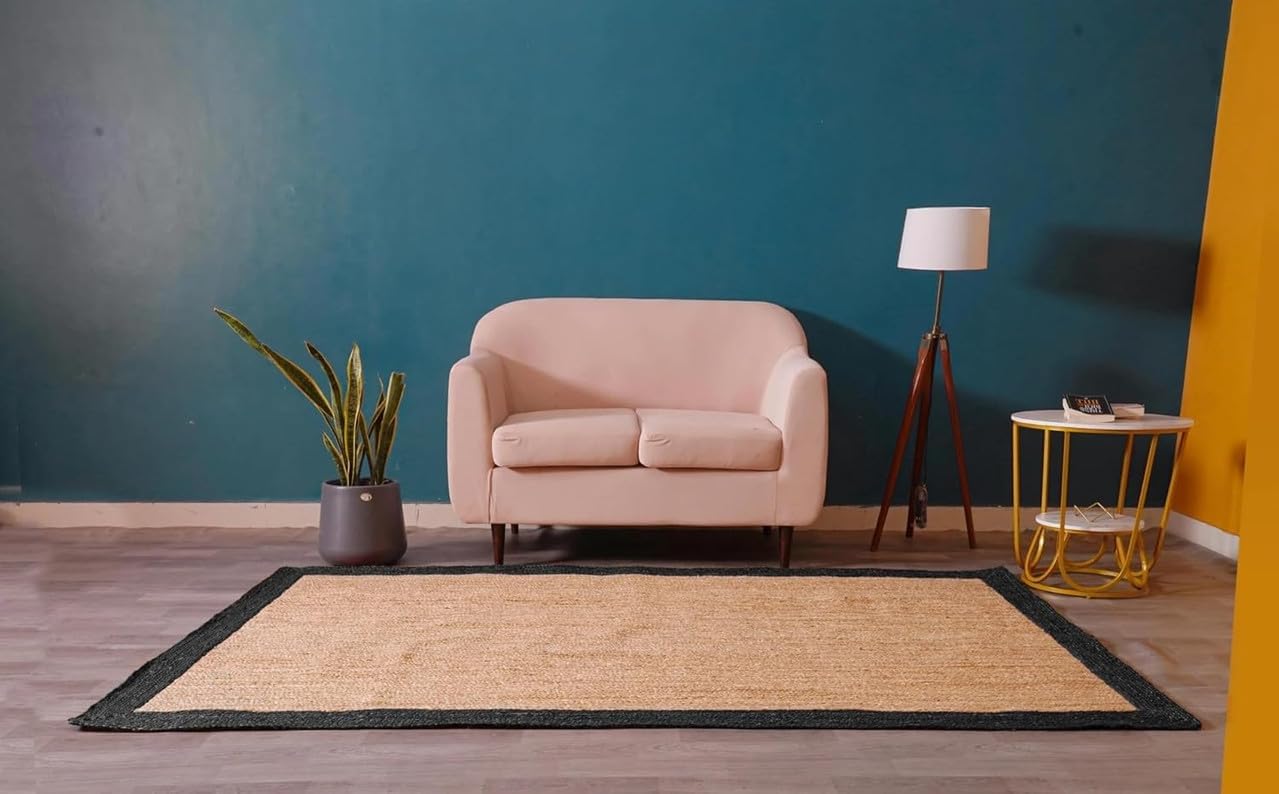 Rectangular Jute Area Rug with Color Border, Woven Natural Jute Floor Rug for Living Room Bedroom Entryway Indoor Carpet