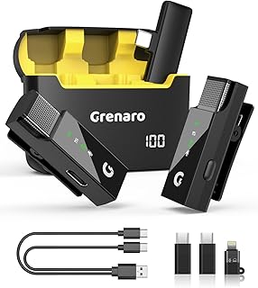 GRENARO S13 Pro डिजिटल डिस्प्ले वायरलेस माइक्रोफ़ोन चार्जिंग केस के साथ, YouTube के लिए वन-क्लिक नॉइज़ रिडक्शन वायरलेस माइक, Android/ iPhone के लिए 8H बैटरी लाइफ लैपल माइक - ड्युअल यूनिवर्सल (पीला)