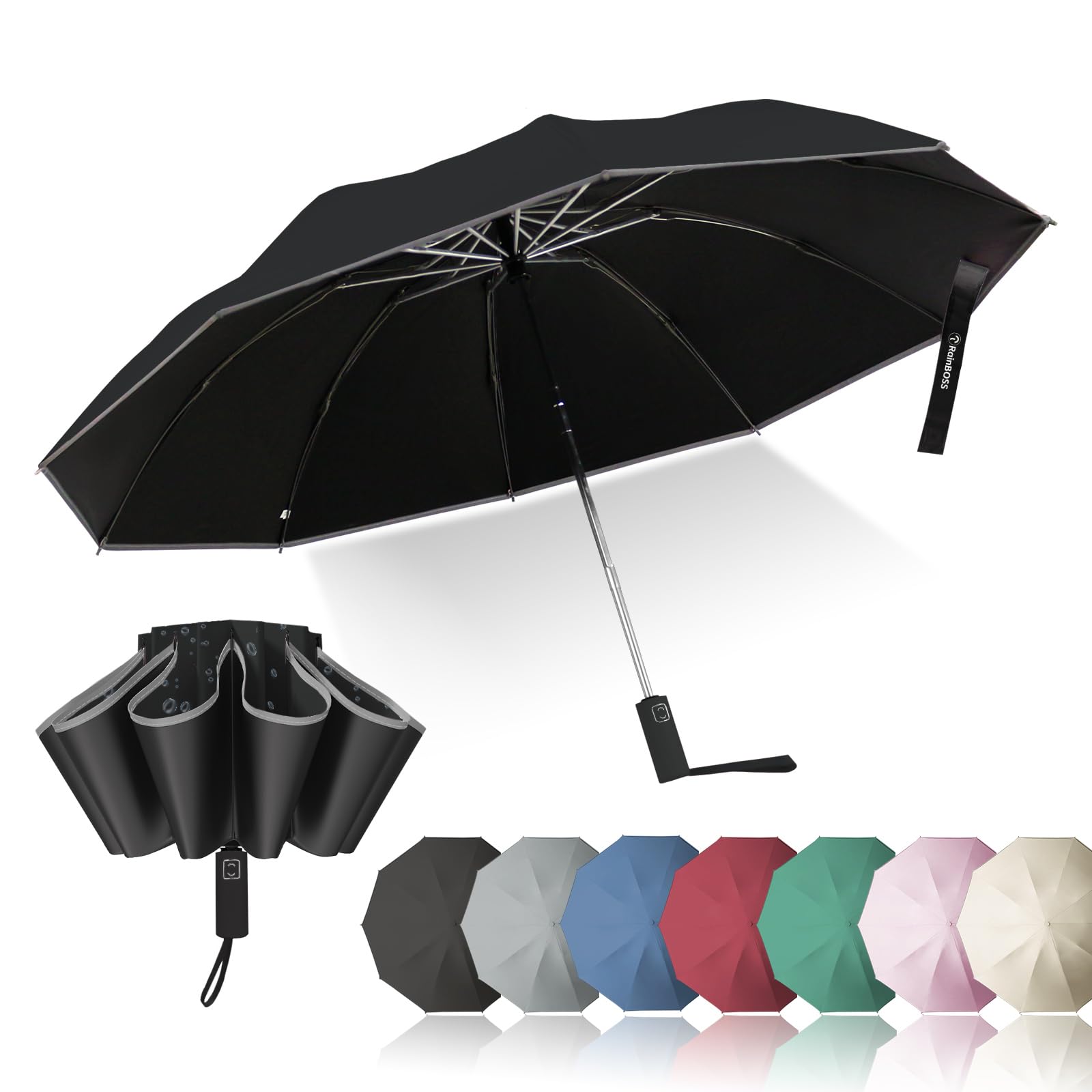 RainBOSSAutomatic Travel Umbrella with 10 Ribs, Large Windproof Umbrellas for Rain & Sun, Compact Folding Inverted Umbrella with Reflective Stripe