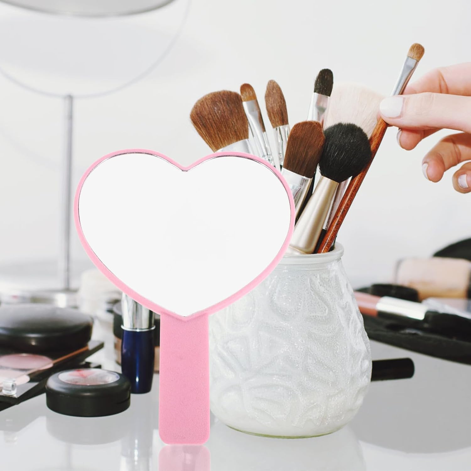 VICASKY Heart Shaped Pink Handheld Mirror with Handle Travel Vanity Pocket Mirror with Rhinestones for Makeup and Skincare image 2