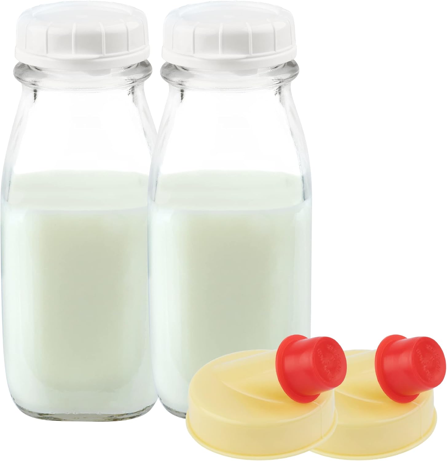 Kitchentoolz 12 Oz Square Glass Milk Jugs with Caps - Perfect Milk Container for Refrigerator - 12 Ounce Glass Milk Bottle with Tamper Proof Lid and Pour Spout - Pack of 2 2 12 oz