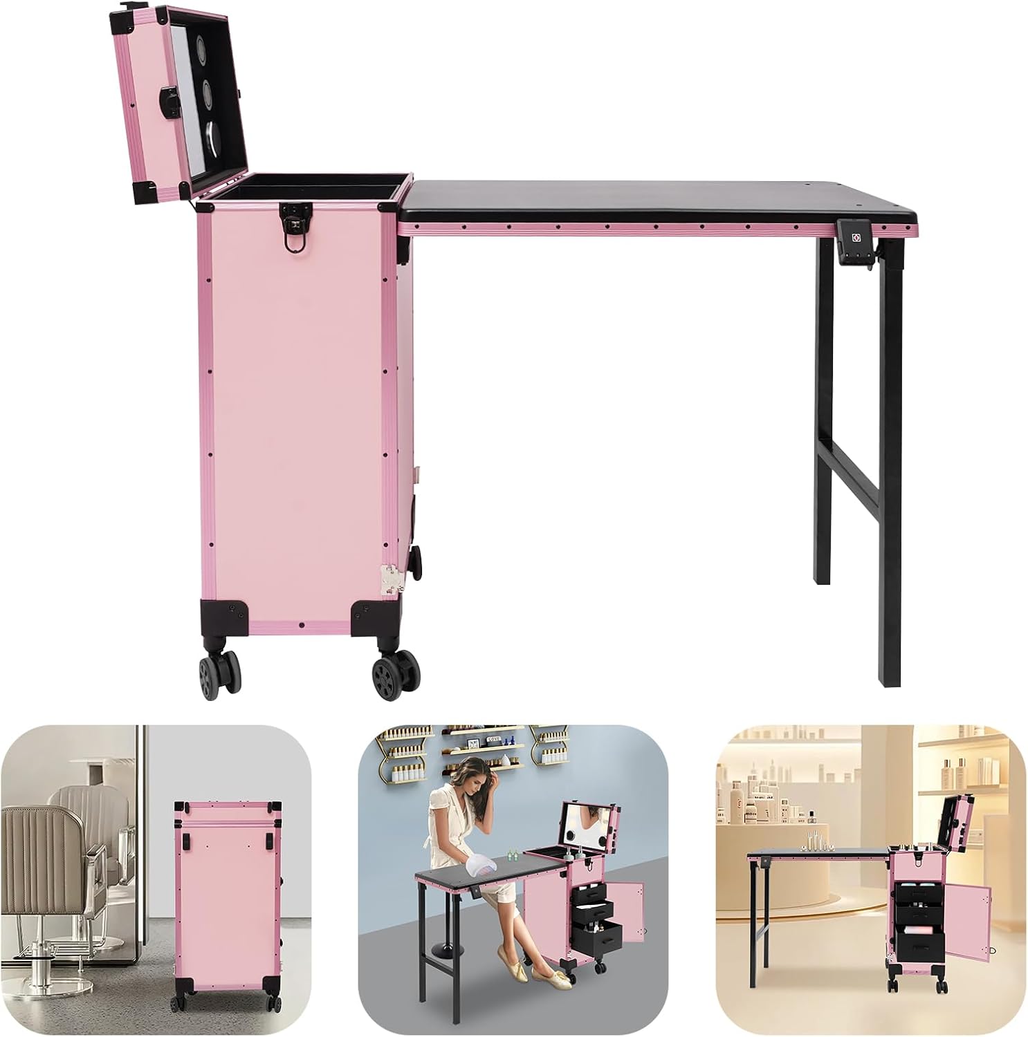 Portable Manicure Table 3 Drawers, Rolling Lockable Makeup Train Case w/Blueteeth Speaker&Nail Polish Organizer, Foldable Beauty Salon Makeup Station w/Dimmable Mirror for Nail Tech Makeup (Pink)
