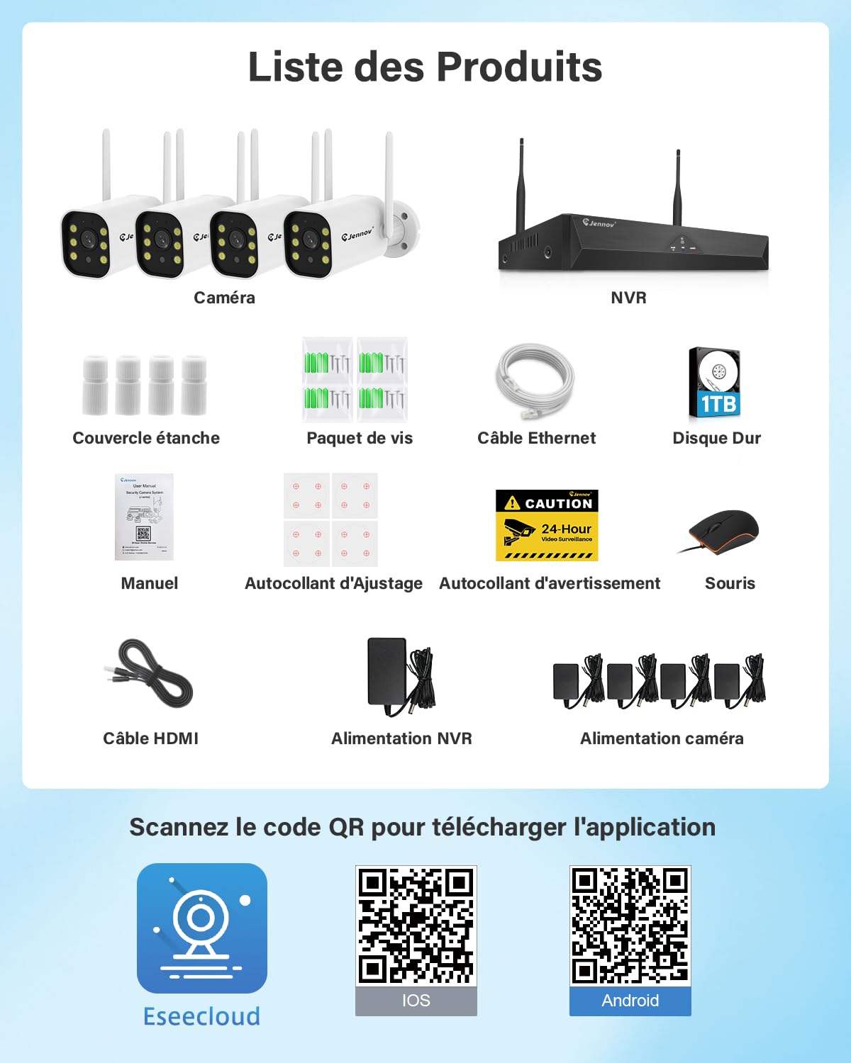Jennov 5MP Kit Caméra Surveillance WiFi Extérieure, 10CH 5MP NVR et 4X Caméra avec Grand Angle 120°, Enregistrement 24/7, Détection Humaine, Audio Bidirectionnel, Vision Nocturne Couleur, 1TB