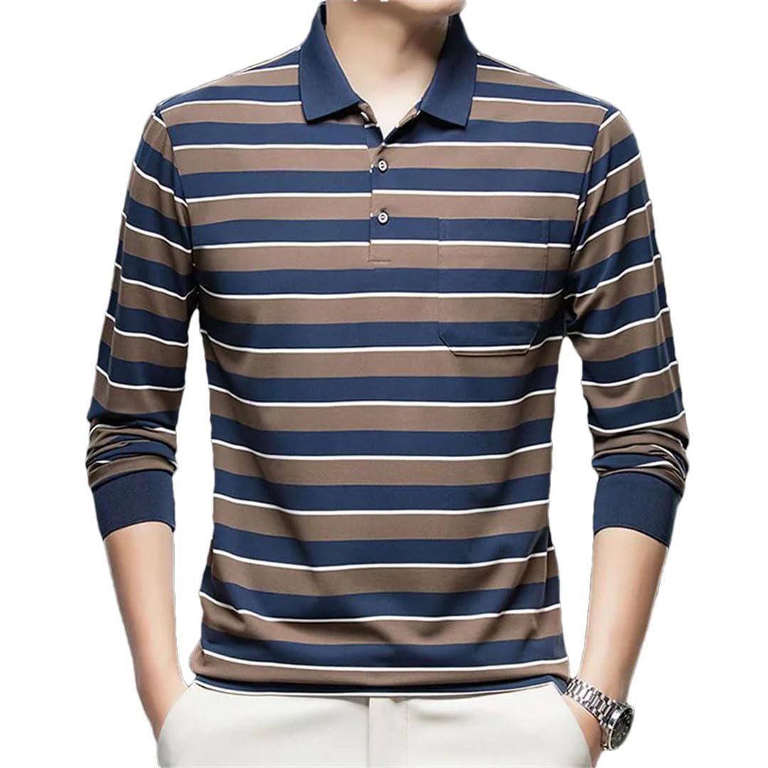 Polo da uomo in cotone tinta unita a maniche lunghe sottili belle tasche colletto rovesciato a righe pannelli allentati top