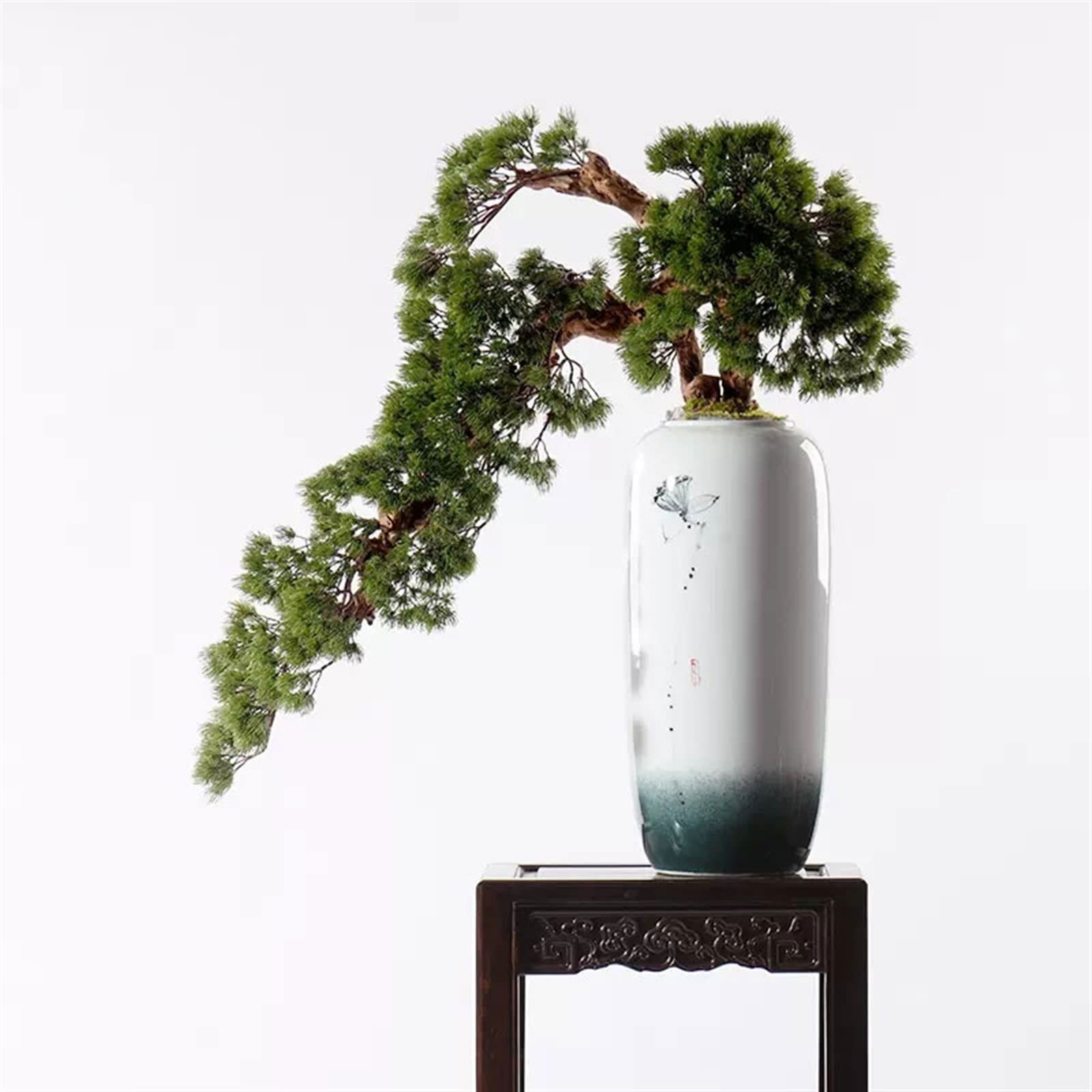 Árbol de simulación de árbol bonsái artificial, estilo chino, verde simulación de bienvenida, árbol bonsái de pino grande, decoración de interiores, planta en maceta con jarrón de cerámica