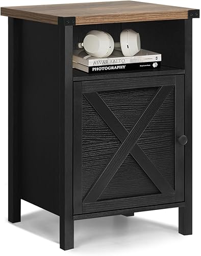 Mesita de noche negra de granja, mesa auxiliar, mesa auxiliar con puerta de granero y estante, mesita de noche rústica y moderna para dormitorio,