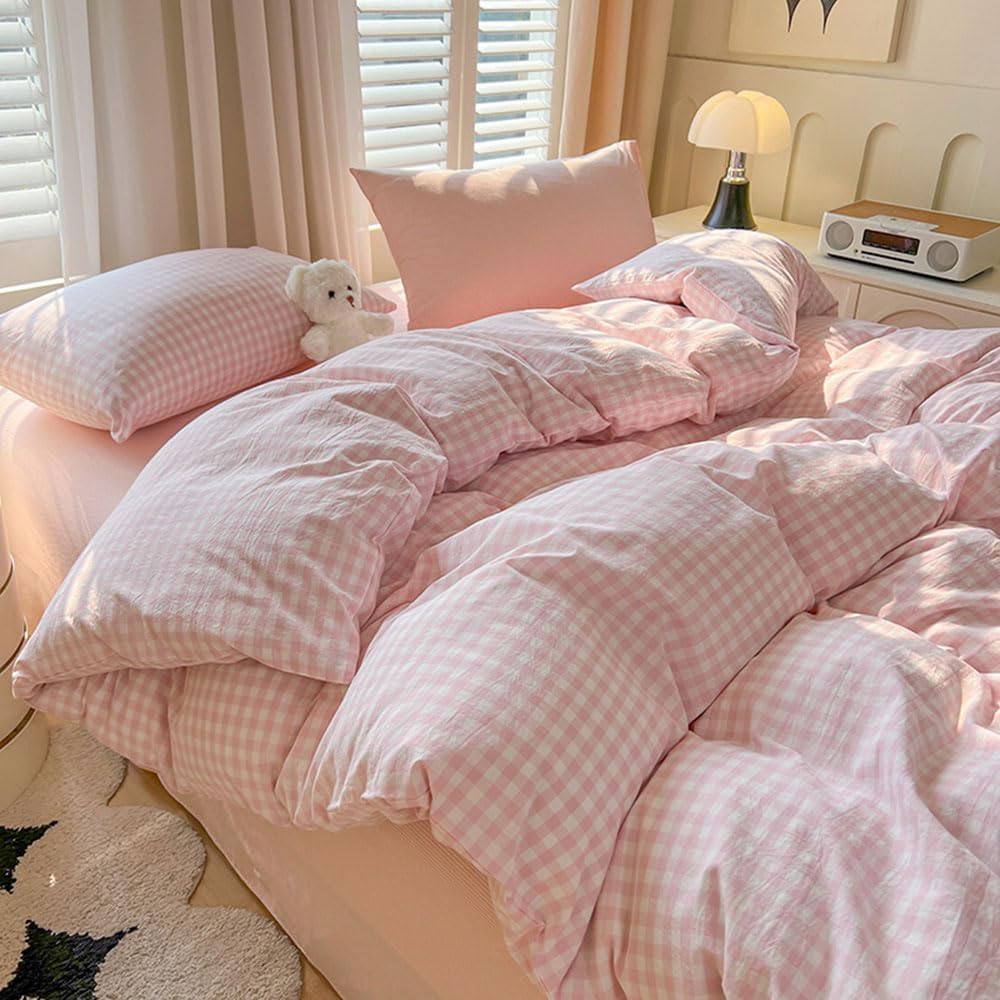 Funda de edredón de 220 x 240 cm, diseño de cuadros, color rosa y blanco, moderno, juego de cama para adultos, 2 personas, funda nórdica de microfibra, ropa de cama con cremallera y 2