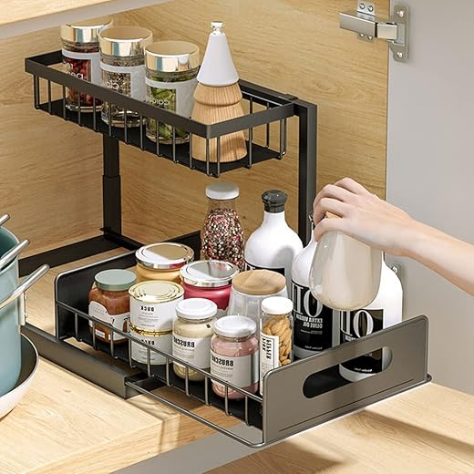2 Tier Under Sink Organizers And Storage Undersink Rustproof Pull Out Cabinet Sliding Organizer for Kitchen Bathroom Drawer Shelf Organization
