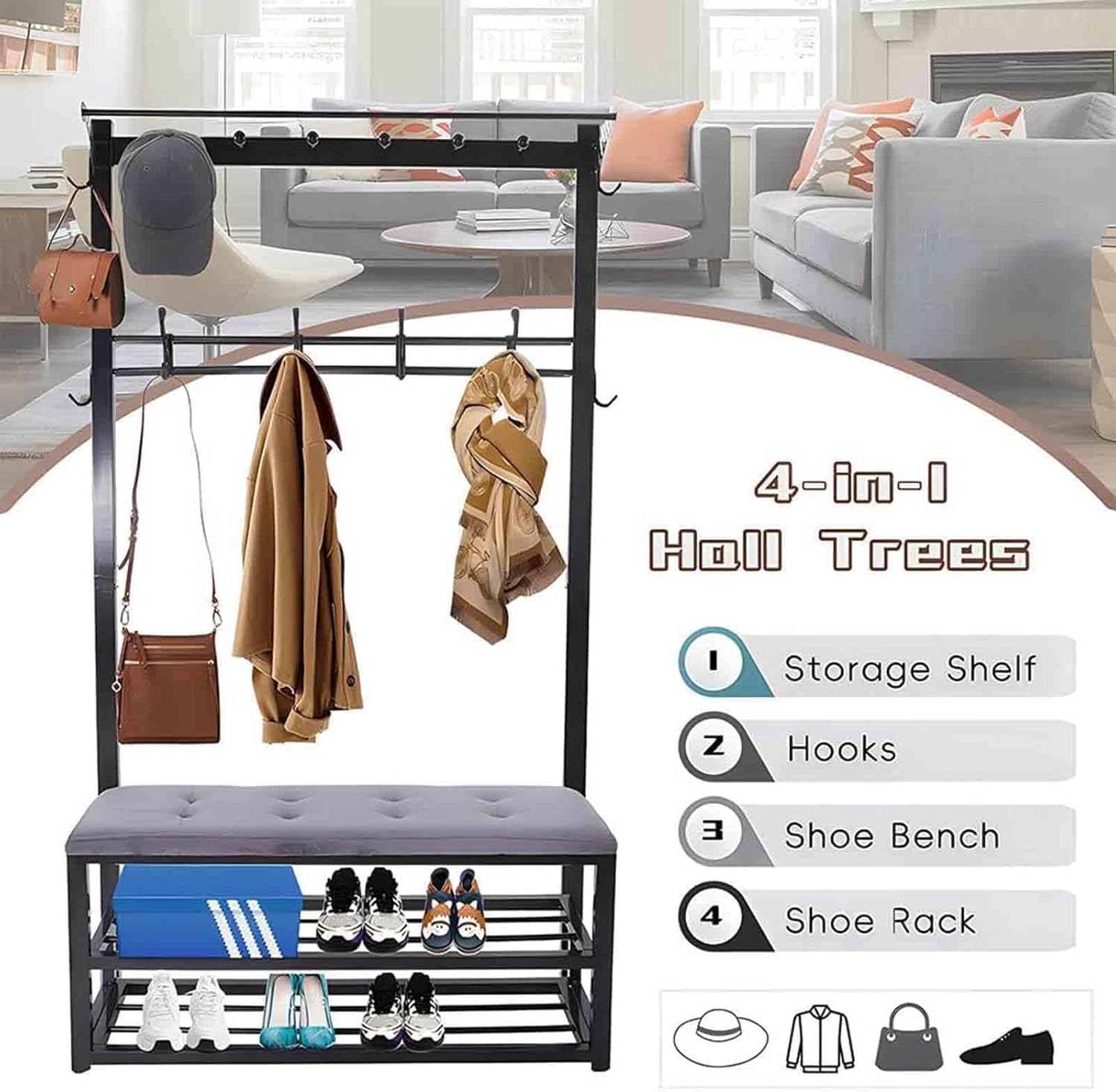 3-in-1 Entryway Hall Tree Hall Tree Coat Rack Free Standing Hall Tree with 9 Hooks Multifunctional Shoe Stool with Shoe Bench and Hutch Bench for Hallway Entryway Bedroom Metal Frame