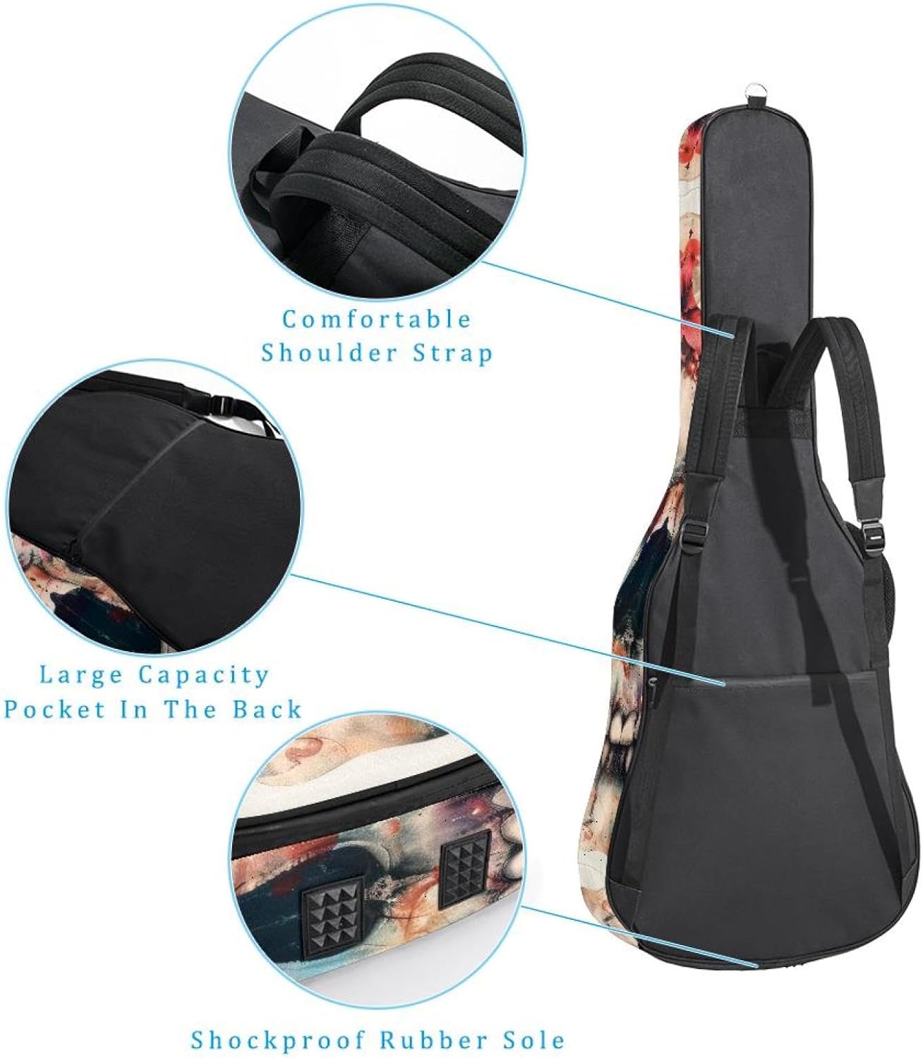 Skull Floral Acoustic Guitar Gig Bag, 1 cm Thick Padding Waterproof Guitar Bag Backpack for 40 41 42 Inch Electric Bass Classical Guitars