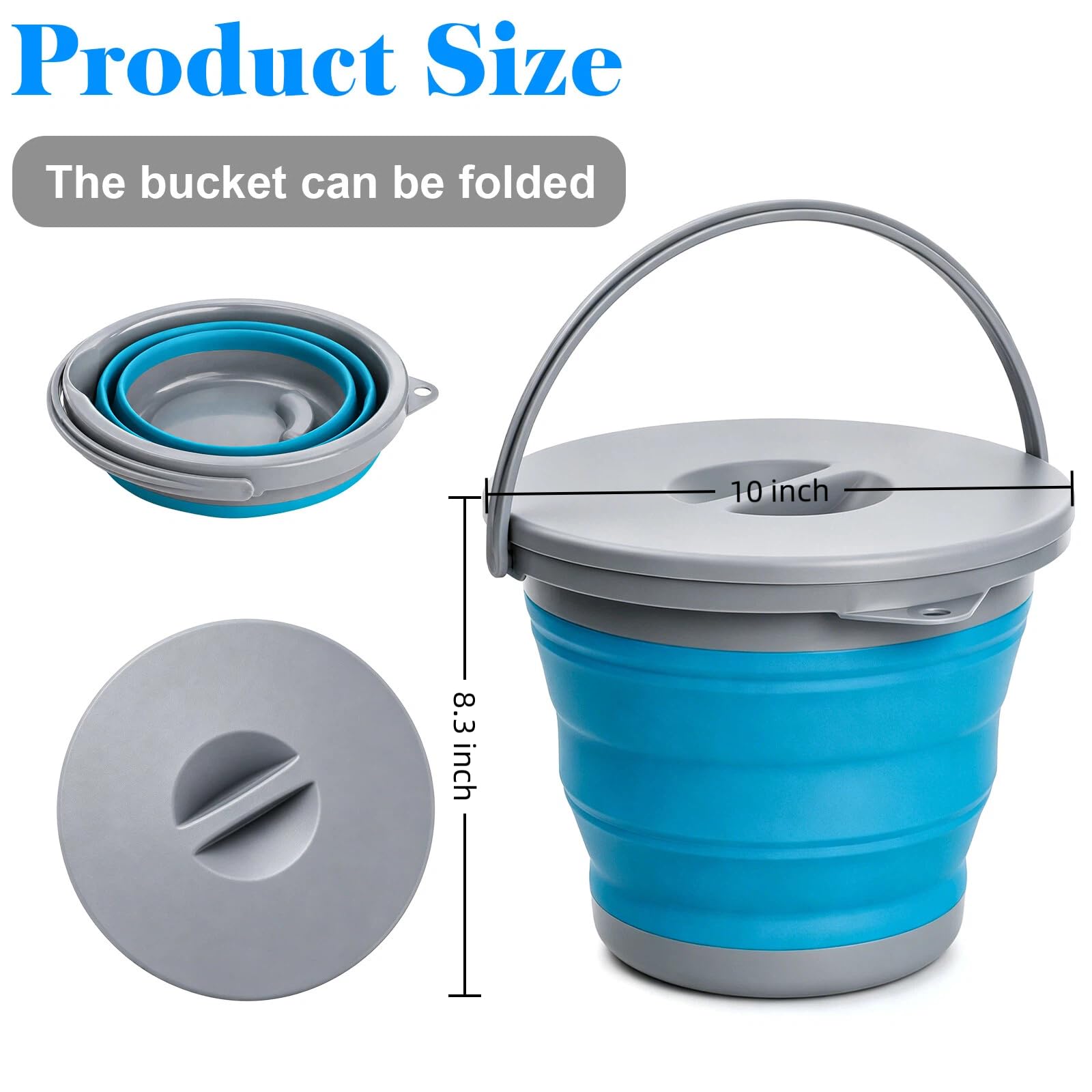 Bekith Lot de 2 seaux pliables en plastique avec couvercle de verrouillage, 5 L, seau rond pliable portable pour la pêche, la randonnée, le camping et la survie en plein air (bleu, gris)