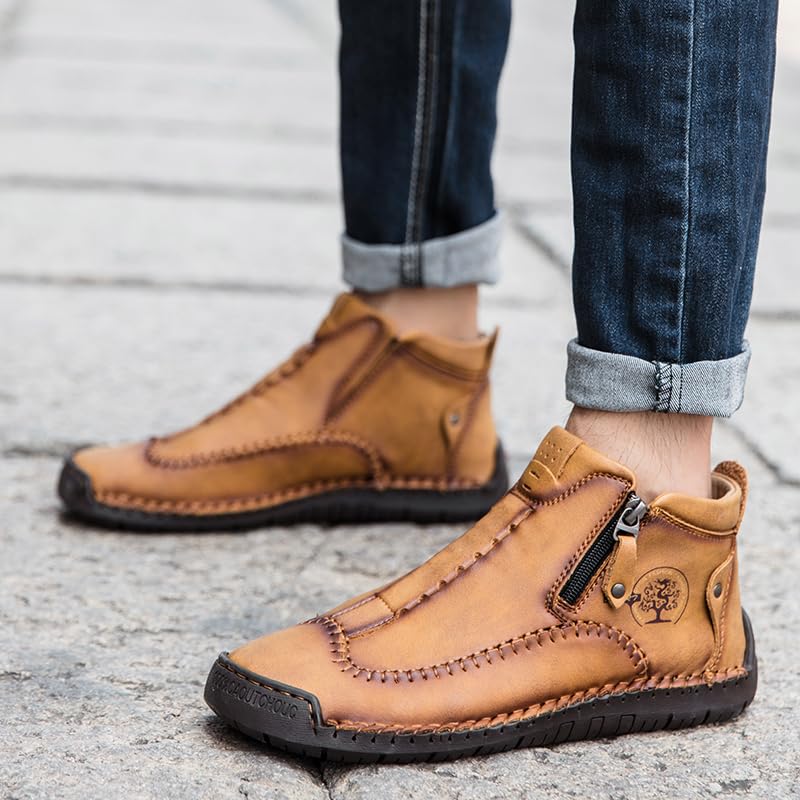 Image of men's casual outdoor short boots - hand sewn classic boots with fashionable side zipper decoration, perfect for outdoor enthusiasts and activities