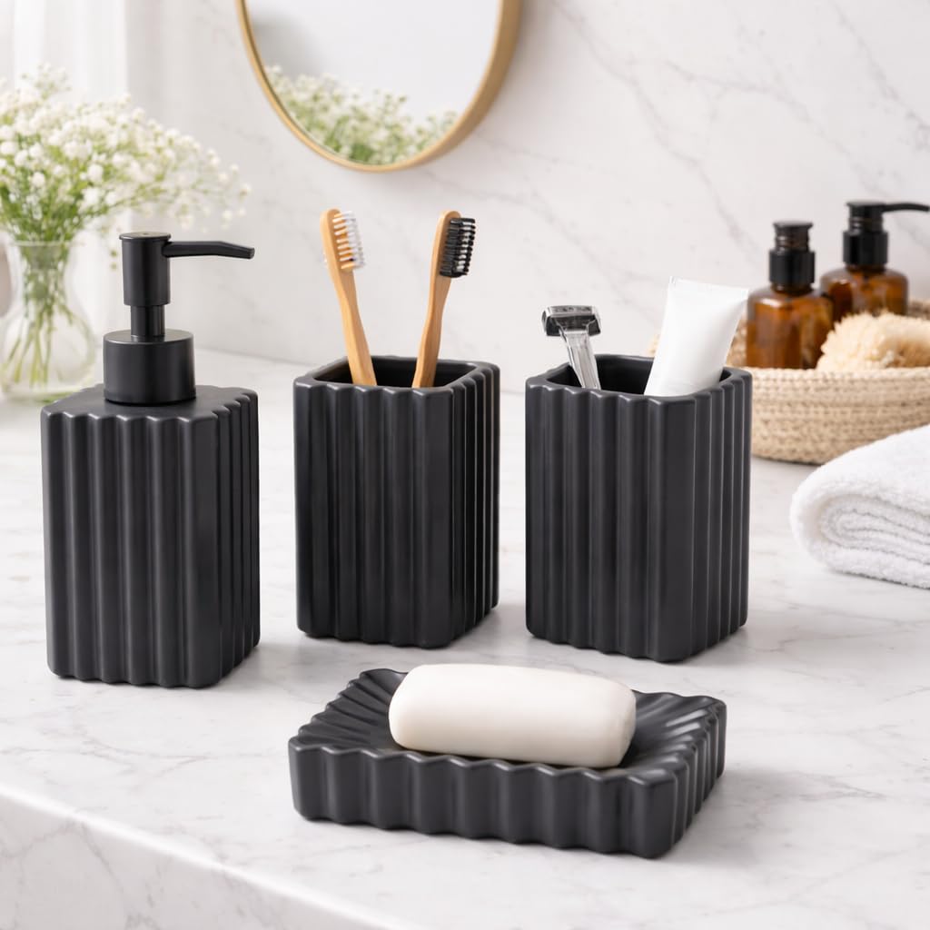 Whizzo® Premium Bathroom Accessories Set Ceramic - Including 4 Piece Ribbed Bathroom Accessories Set Soap Dispenser, Toothbrush Holder, Tumbler, Soap Dish, The Best Gifting Choice [BS-834, Black]-picture-19
