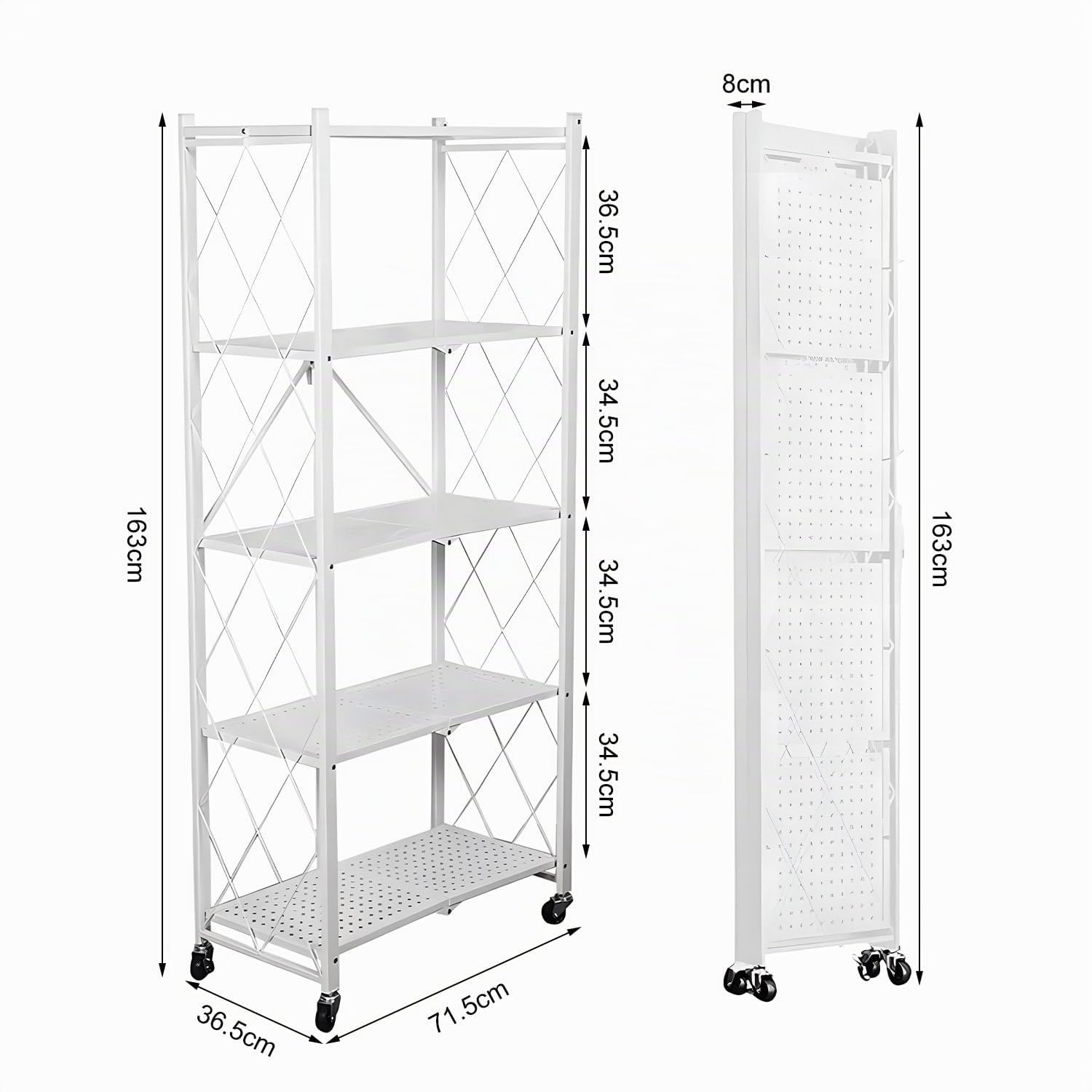 Étagère pliable à 5 niveaux, étagère de rangement en métal avec roues – 100 kg, pour cuisine, salle de bain, salon