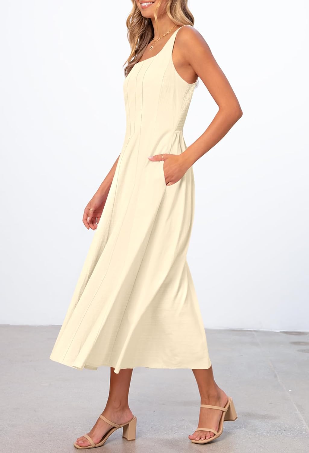 MEROKEETY Women's 2026 Summer Sleeveless Midi Dress Square Neck Smocked Flowy A Line Beach Dresses - Image 2