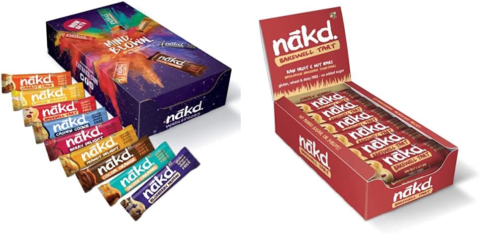 Mind Blown Fruit & Nut Bar Mixed Case - Vegan Bars - Gluten Free, 35 g (Pack of 18 Assorted) & Bakewell Tart Natural Snack Bars - Vegan Bars - Healthy Snack - Gluten Free Bars 35 g, Pack of 18