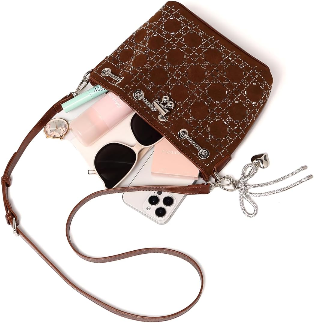 Women's Black Crystal Embellished Plaid Drawstring Bucket Bag with Adjustable Shoulder Strap Evening Handbag