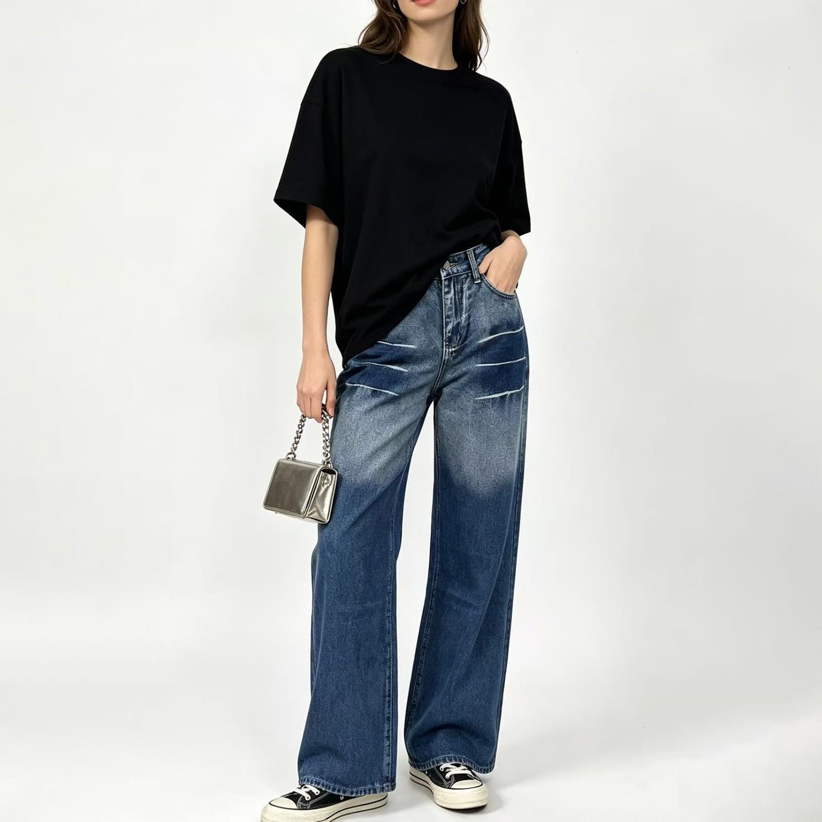Jeans Donna Larghi Vita Alta Jeans Vita Alta Larghi Leggeri Pantaloni Baggy Curvy Gamba Larga Eleganti Pantaloni Denim Elasticizzati Casual con Tasche Comodi Pants Tempo Libero Moda Basic