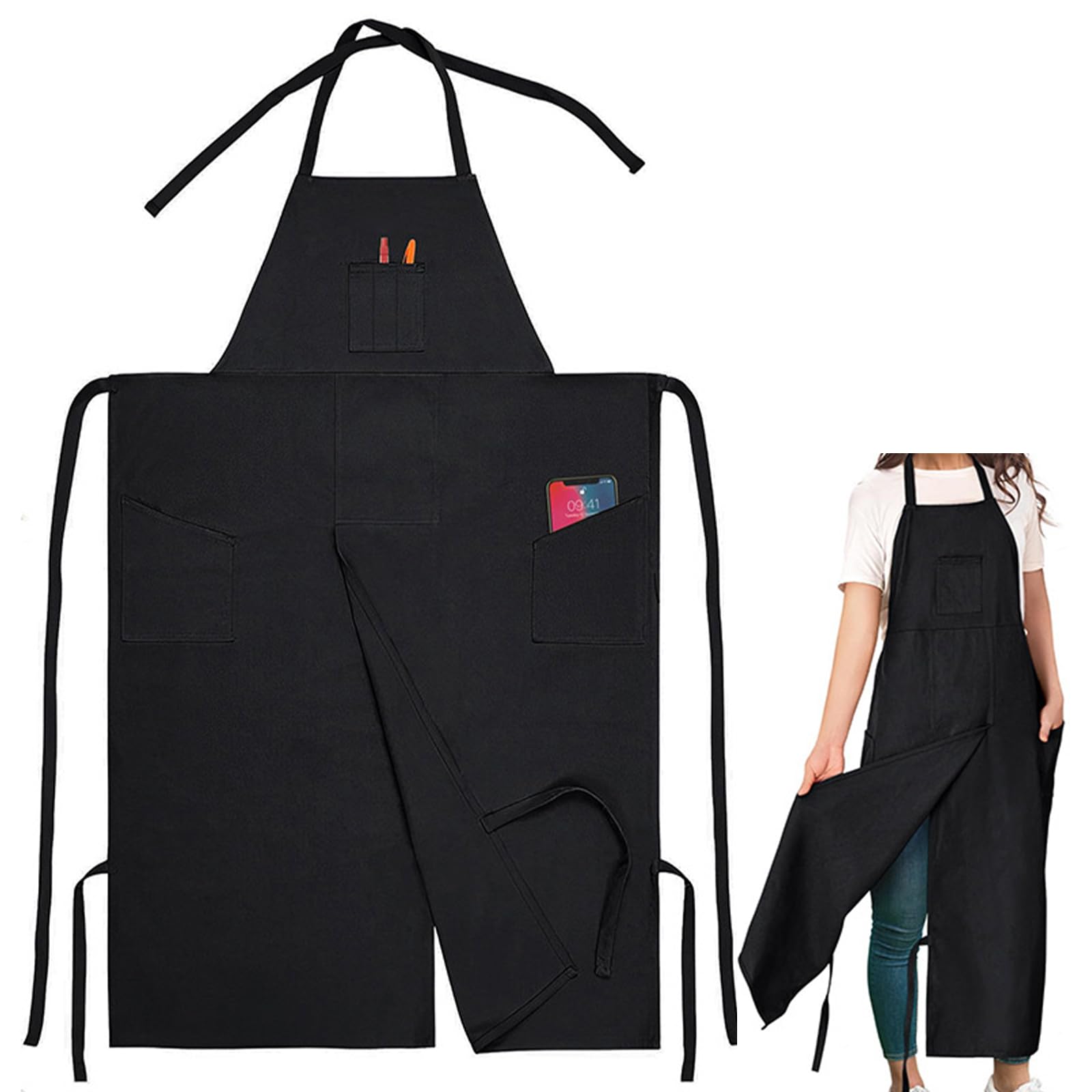Nidoul Split Leg Ceramics Apron,Heavy Duty Canvas Pottery Apron with 3 Portable Pocket,Adjustable Waterproof Art Smock Full Coverage Aprons for Women Men DIY Ceramic Gardening Painting Sculpture,Black