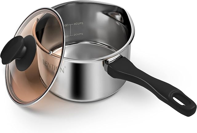 VENTION Stainless Steel Saucepan with Pouring Lip 16cm / 1.4L, Capsule Bottom Induction Pan with Lid, Sauce Pan with Long Handle, Black