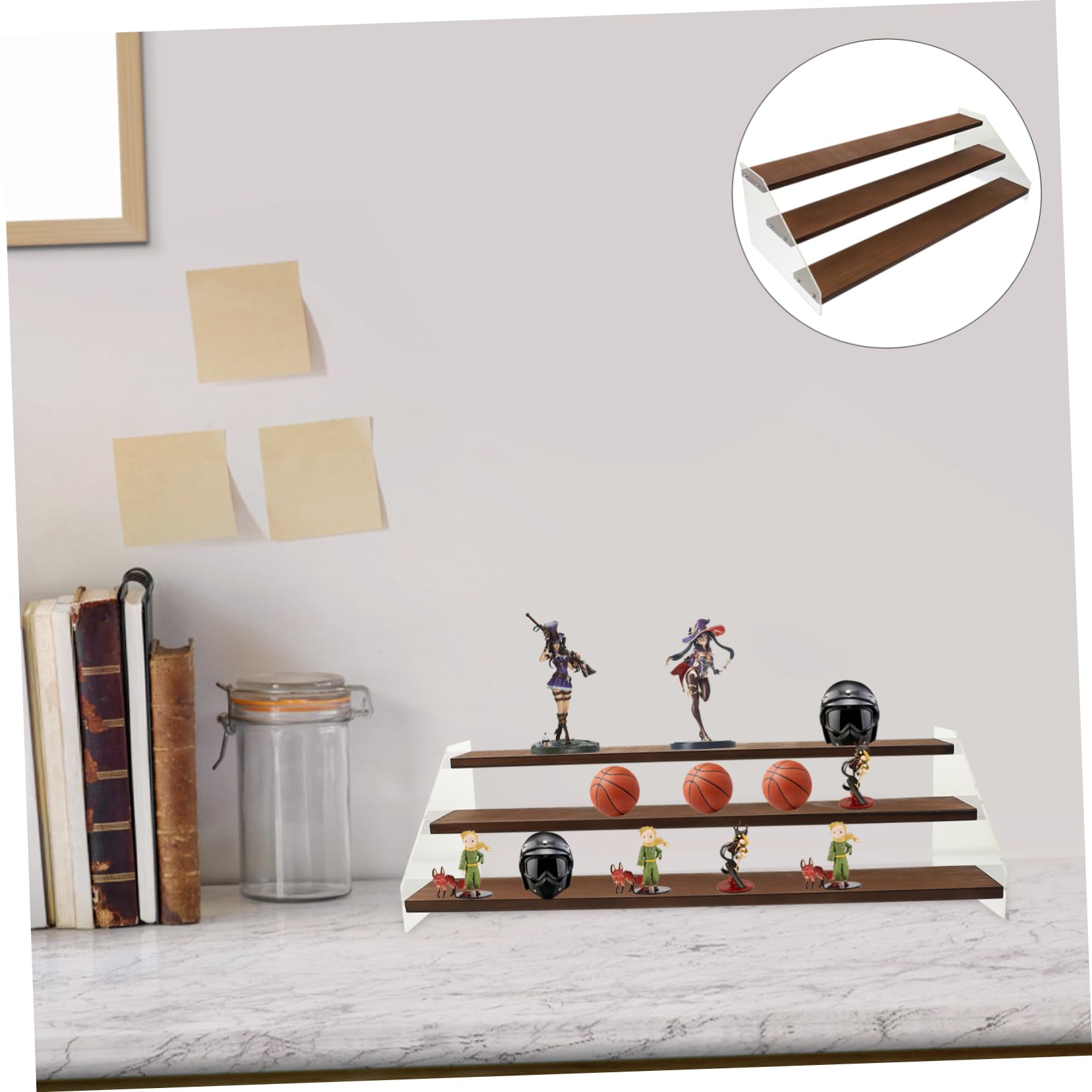 Expositor de 3 Niveles de Acrílico y Madera para Figuras