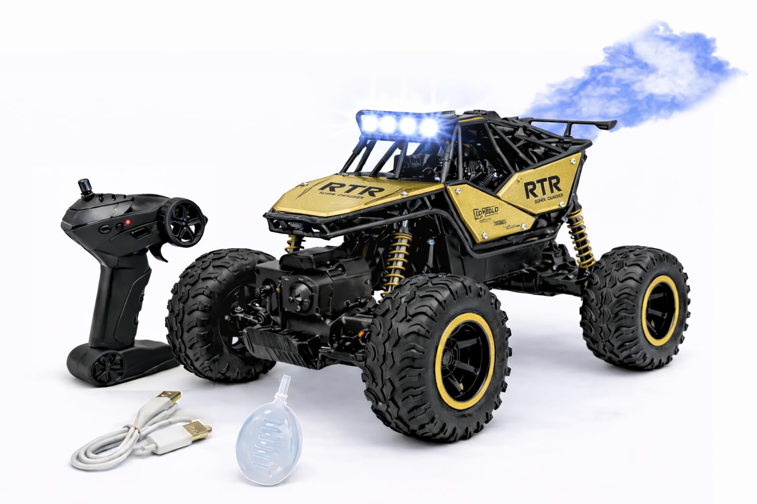 Rock Climber RC Car with Bluetooth Music, Mist Spray & LED Lights | 4WD 2.4GHz Off-Road Remote and Mobile Control Car | Dual Motor, Shock Absorber | Rechargeable Battery (Golden)-image-45