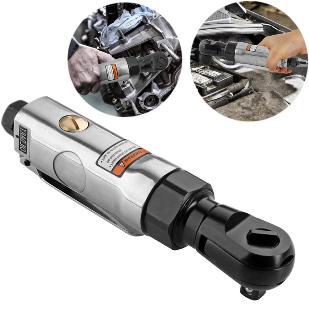 3/8 pollici pneumatico per chiave a cricchetto, coppia elevata, aria ad angolo retto con azionamento esagonale da 1/4 e 3/8 pollici, riparazione auto leggera, argento + nero