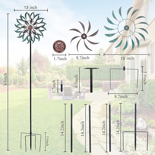 Miniatura 4 de VEWOGARDEN Molinillos de viento para exteriores de 63 x 13 pulgadas con estaca de metal + 37 x 10 pulgadas de doble hoja para decoración de jardín,