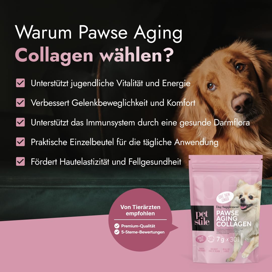 Pawse Aging Collagen – Natürliches Anti-Aging-Pulver für Hunde mit Dreifach-Kollagen, Vitaminen & Präbiotika – Für Haut, Fell, Gelenke, Verdauung & Immunsystem (3X 210 g)