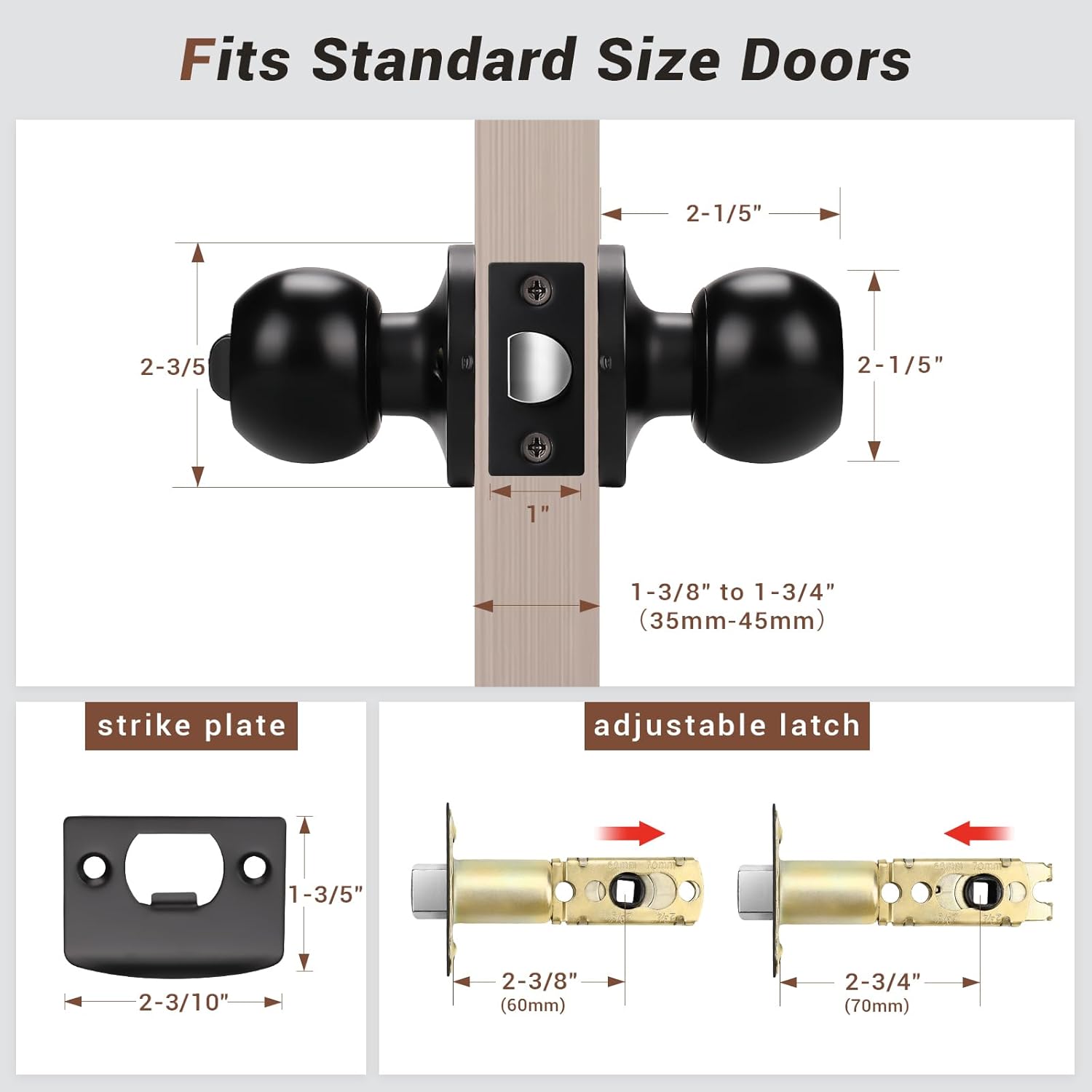 Knobonly 6 Pack Matte Black Door Knobs with Lock, Privacy Door Knobs Interior for Bedroom or Bathroom Classic Round Doorknobs Inside Stainless Steel