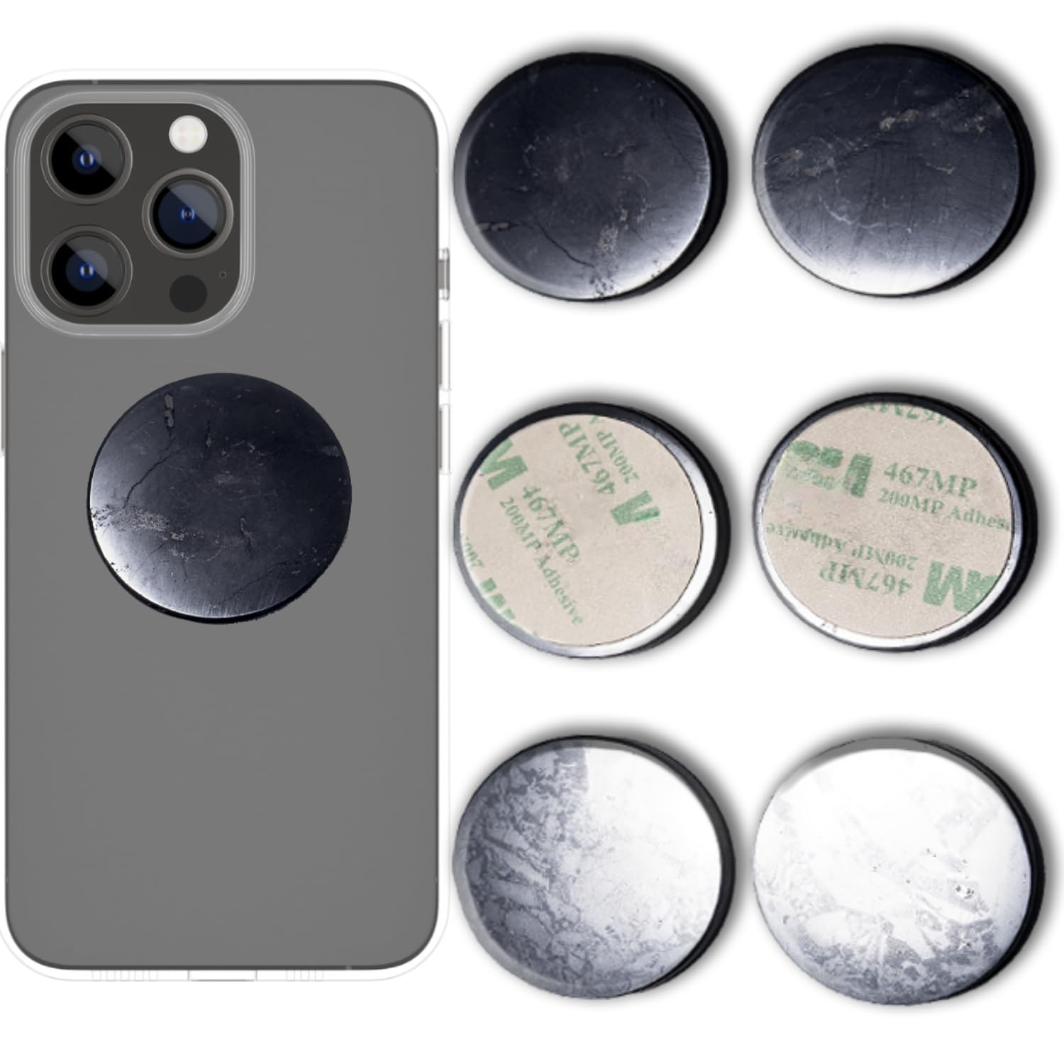 Shungite Stickers for Cell Phone Protection - Harmonizing Shield Defense - Wearable Type II Shungite Crystal - Round Large - Qty: 6 pcs Pack