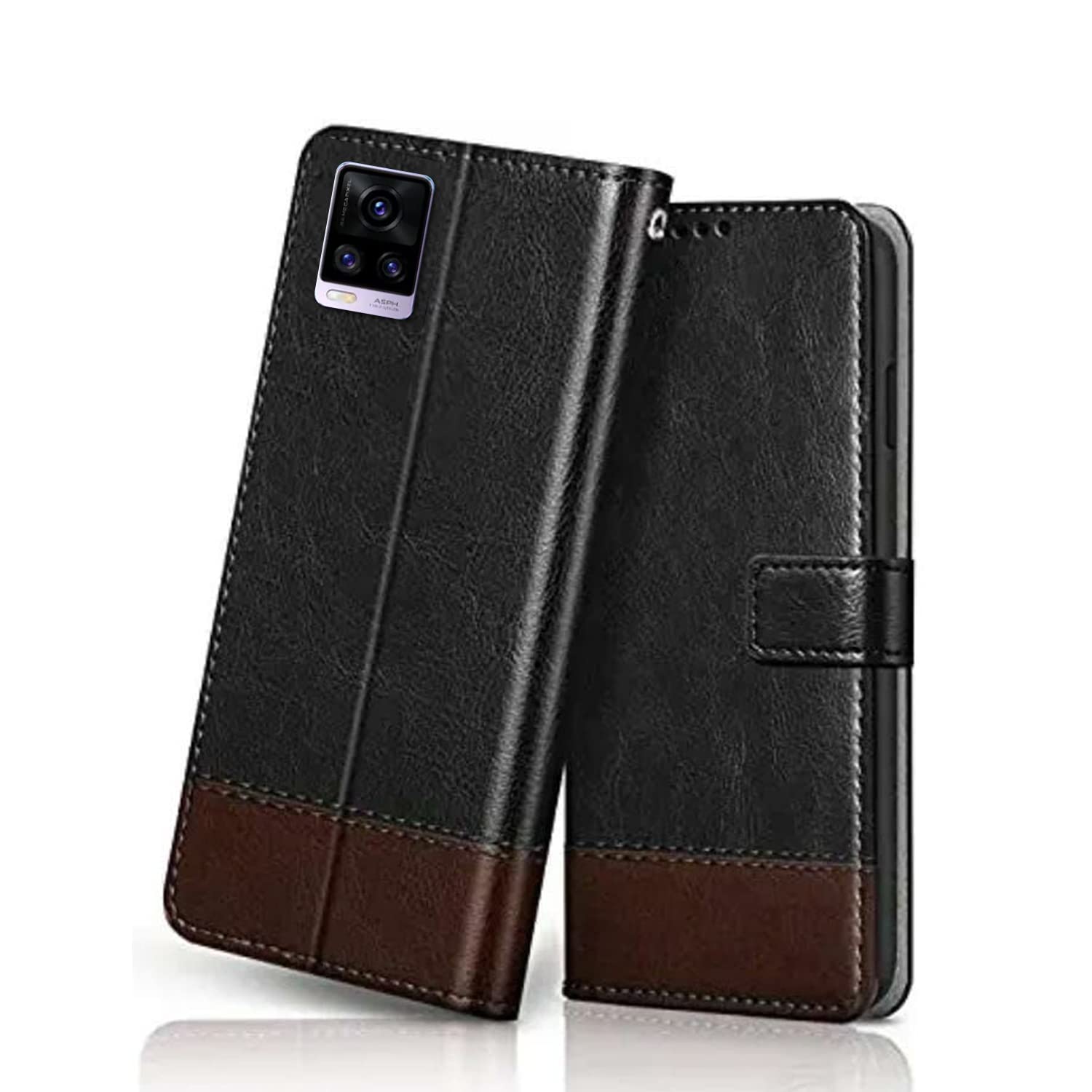 Winkel Premium Vegan Leather Dual Flip Magnetic Mobile Cover Case | Kickstand & Card Holder | 360 Degree Grip Protection| Wallet Type with Magnetic Closure for VIVO V20 -(Black with Brown) (B09MFM8HQH) Amazon Price History, Amazon Price Tracker