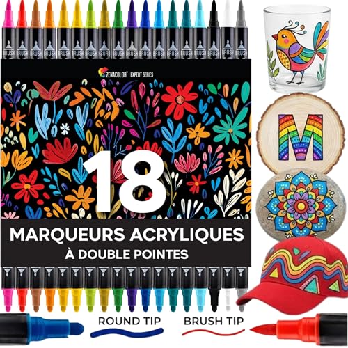Zenacolor Feutre Acrylique à Double Pointe (Pointes Fines et Pinceau) - 18 Couleurs Uniques de Marqueur Acrylique pour Diverses Surfaces et Œuvres d'Art - Feutres Peinture