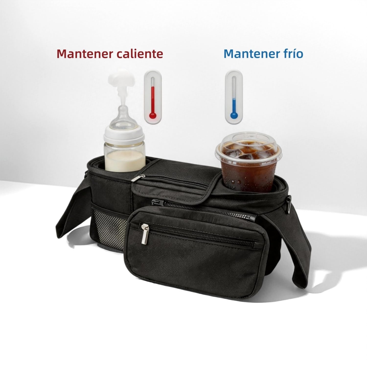Bolso Carro Bebé Universal con 2 Portavasos Aislados y Monedero Extraíble, Bolsa Organizadora de Cochecitos Impermeable, Correa de Hombro Desmontable para Silla de Paseo y Carrito, Multifuncional