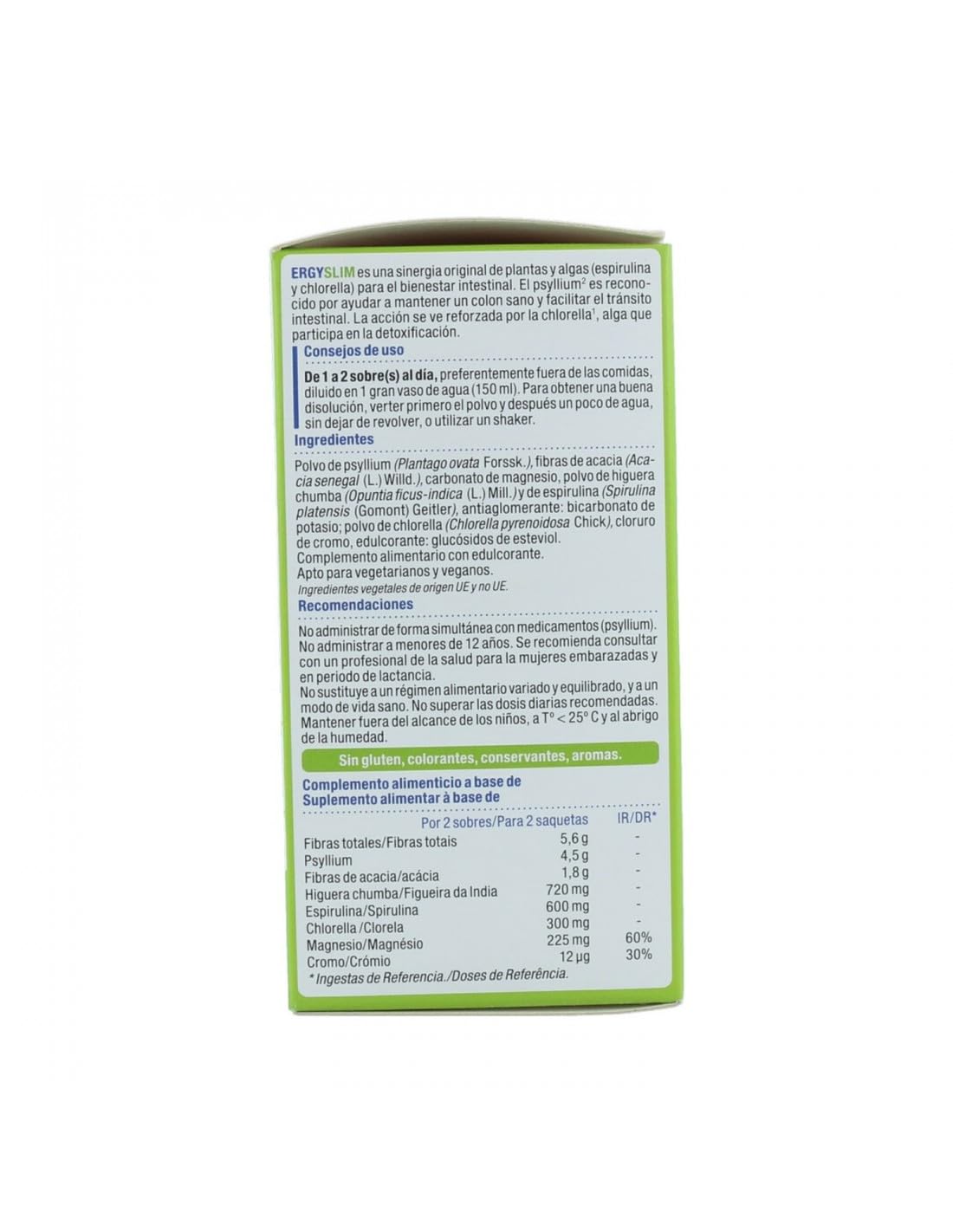Pack 2 x Nutergia ErgySlim 30 sobres (60 sobres) – Complemento rico en fibras (psyllium y acacia) con higuera chumba, spirulina y clorela, en sobres para mezclar, apto veganos