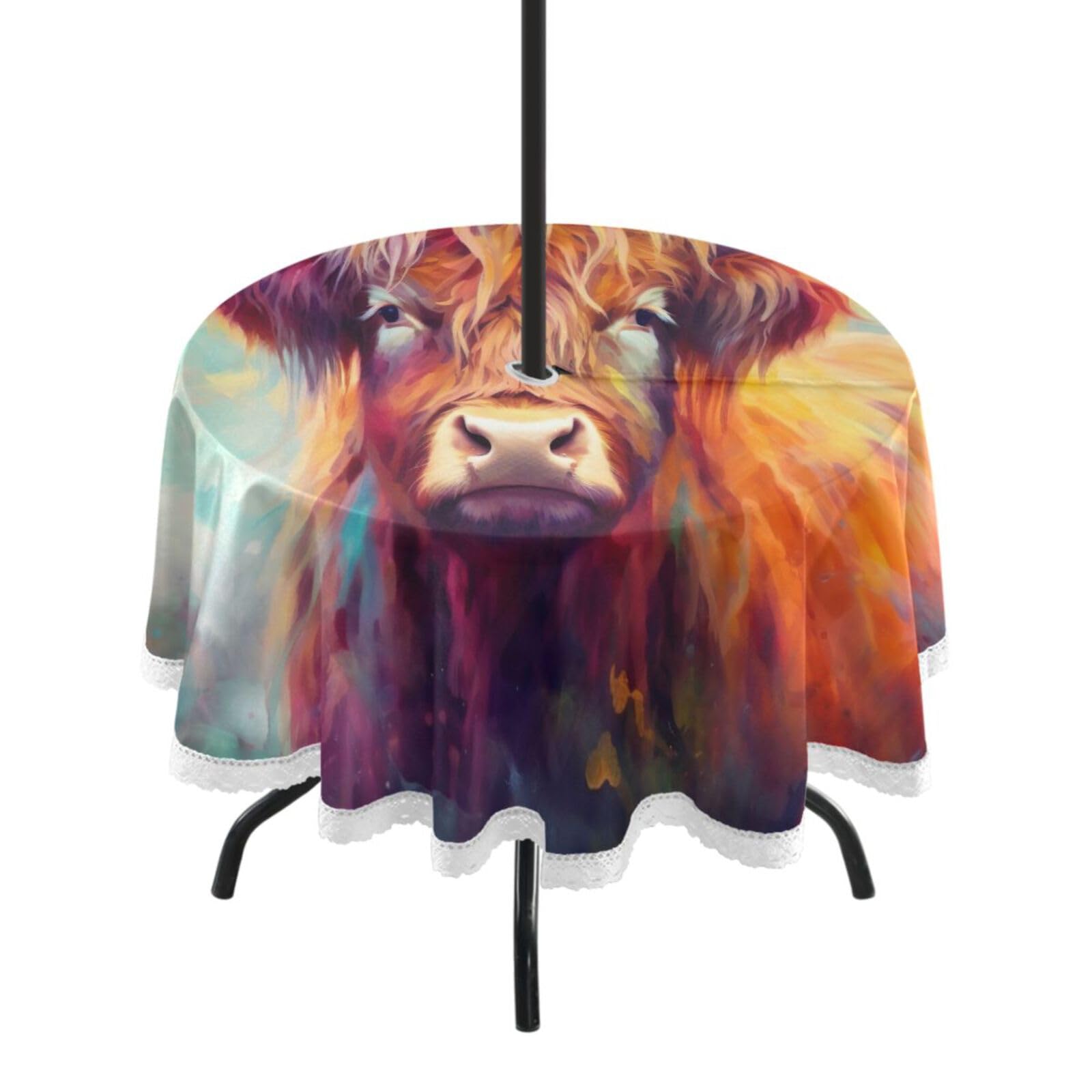 Wajiw 60 Inch Indoor Outdoor Round Tablecloth with Umbrella Hole and Zipper Waterproof Patio Table Cover for Camping Dining Room Party Outdoor Picnic,Highland Cow