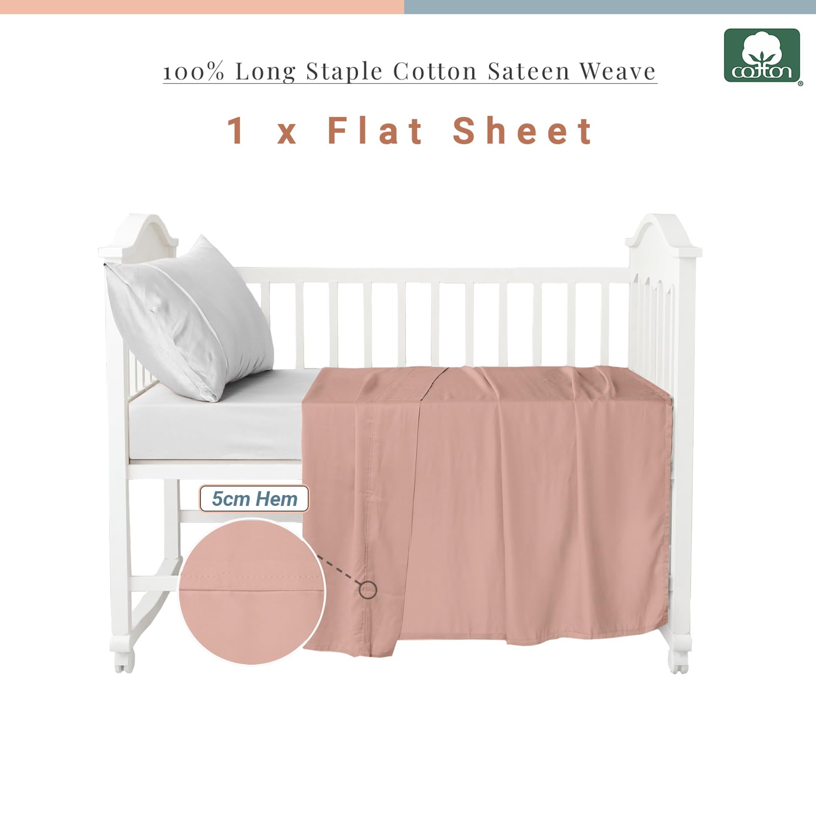 Pizuna Baby Flat Sheet for Crib 70 x 100 cm, Misty Rose, 400 Thread Count 100% Long Staple Cotton Flat Bed Sheet - Image 3